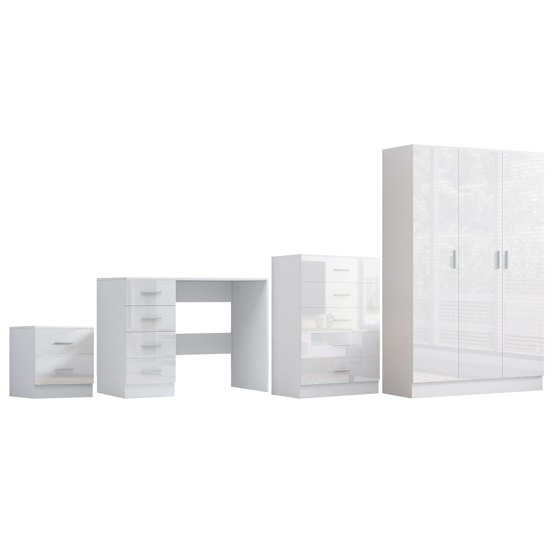 Reflect 3 Door Plain Wardrobe, 5 Drawer Chest, 2 Drawer Bedside & Desk - White Gloss & Matt White - Modern Bedroom Furniture Set