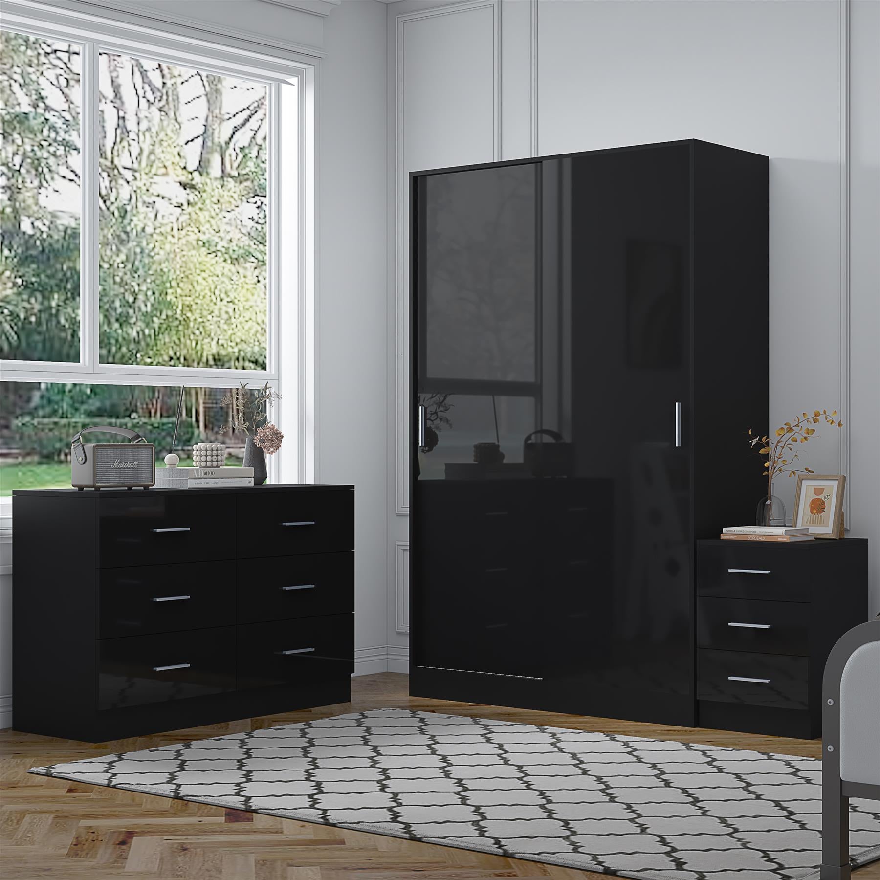 Reflect 2 Door Sliding Wardrobe, 6 Drawer Wide Chest, 3 Drawer Bedside - Black Gloss & Black Oak - Modern Bedroom Furniture Set