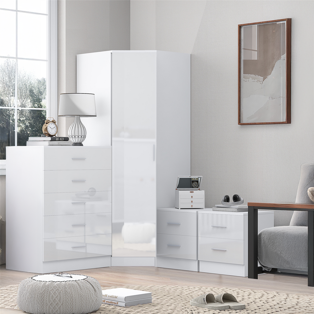 REFLECT - 1 Door Corner + 5 Drawer Chest + 2x 2 Drawer Bedside in Gloss White / Matt White