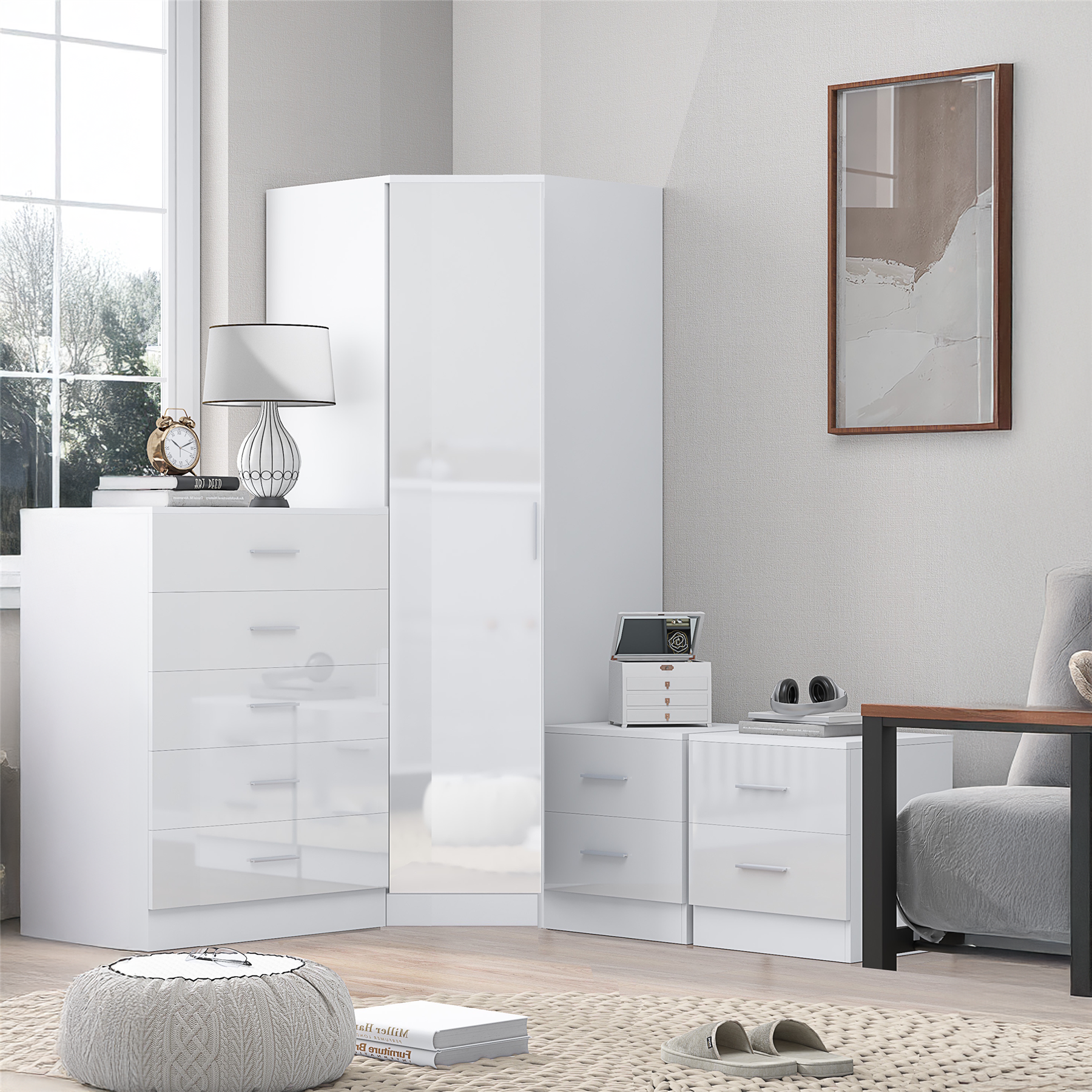 REFLECT 1dr Corner Bedroom Furniture Bundles Chest, Bedsides, Desks - 4 Colours