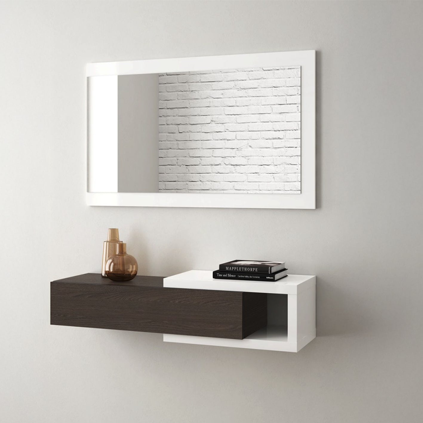 NOON White & Dark Wood Floating Hallway Storage Unit with Drawer and Mirror