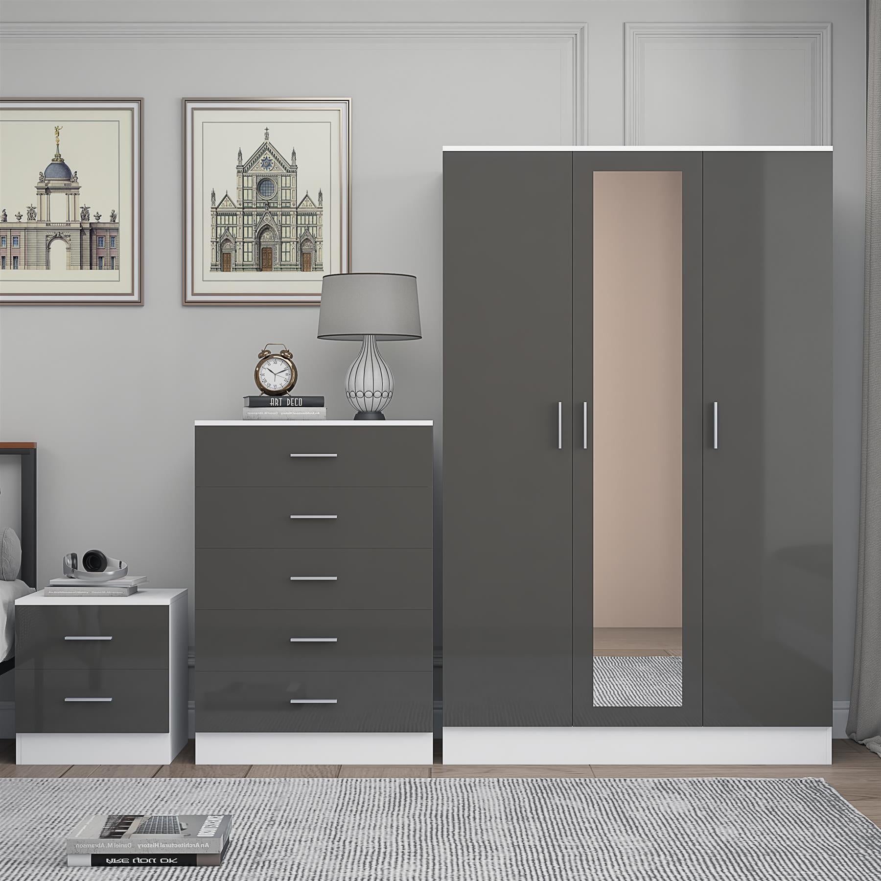 REFLECT Gloss 3pc Set - 3 Door Mirrored Wardrobe + 5 Draw Chest + Bedside