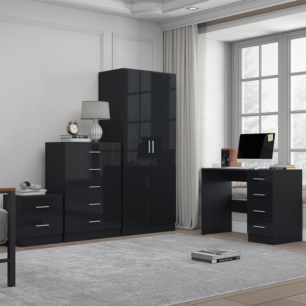 Reflect 2 Door Plain Wardrobe, 5 Drawer Chest, 2 Drawer Bedside & Desk - Black Gloss & Black Oak - Modern Bedroom Furniture Set