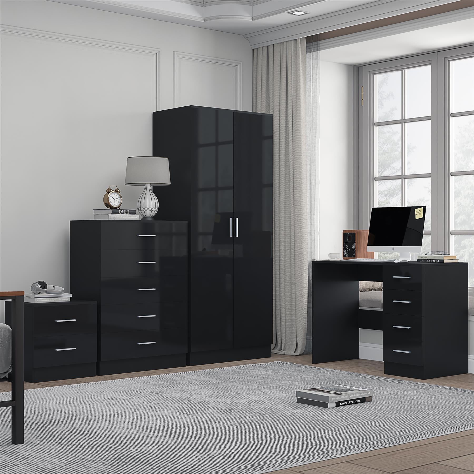 Reflect 2 Door Plain Wardrobe, 5 Drawer Chest, 2 Drawer Bedside & Desk - Black Gloss & Black Oak - Modern Bedroom Furniture Set