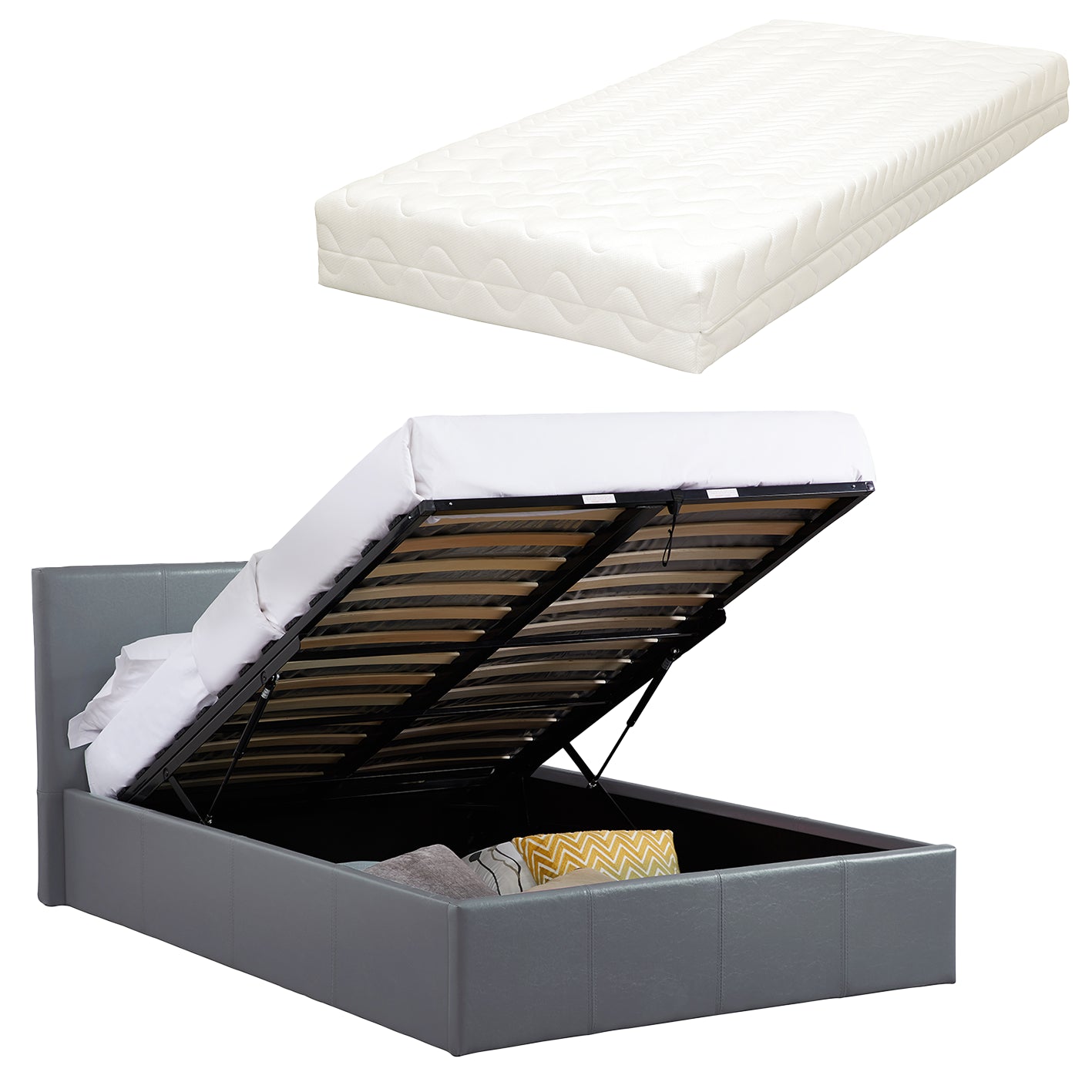 LUNA 4FT Small Double Grey Ottoman Storage Bed with Gas Lift Up & Memory Foam & Spring Mattress - L: 203cm x W: 138cm x H: 88.5cm