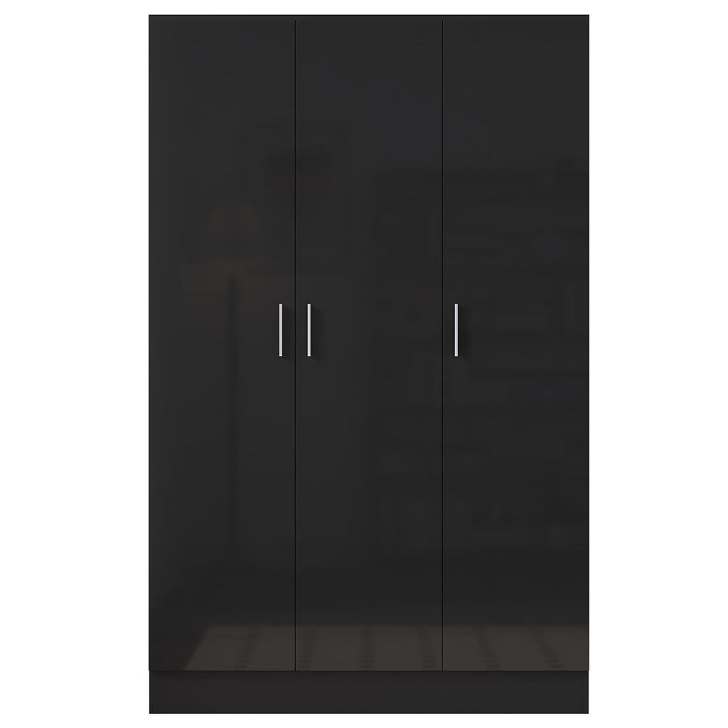 Reflect 3 Door Plain Wardrobe - Black Gloss & Black Oak - Hanging Rail & 4 Shelves- H: 180cm x W: 113cm x D: 47cm - Modern Design
