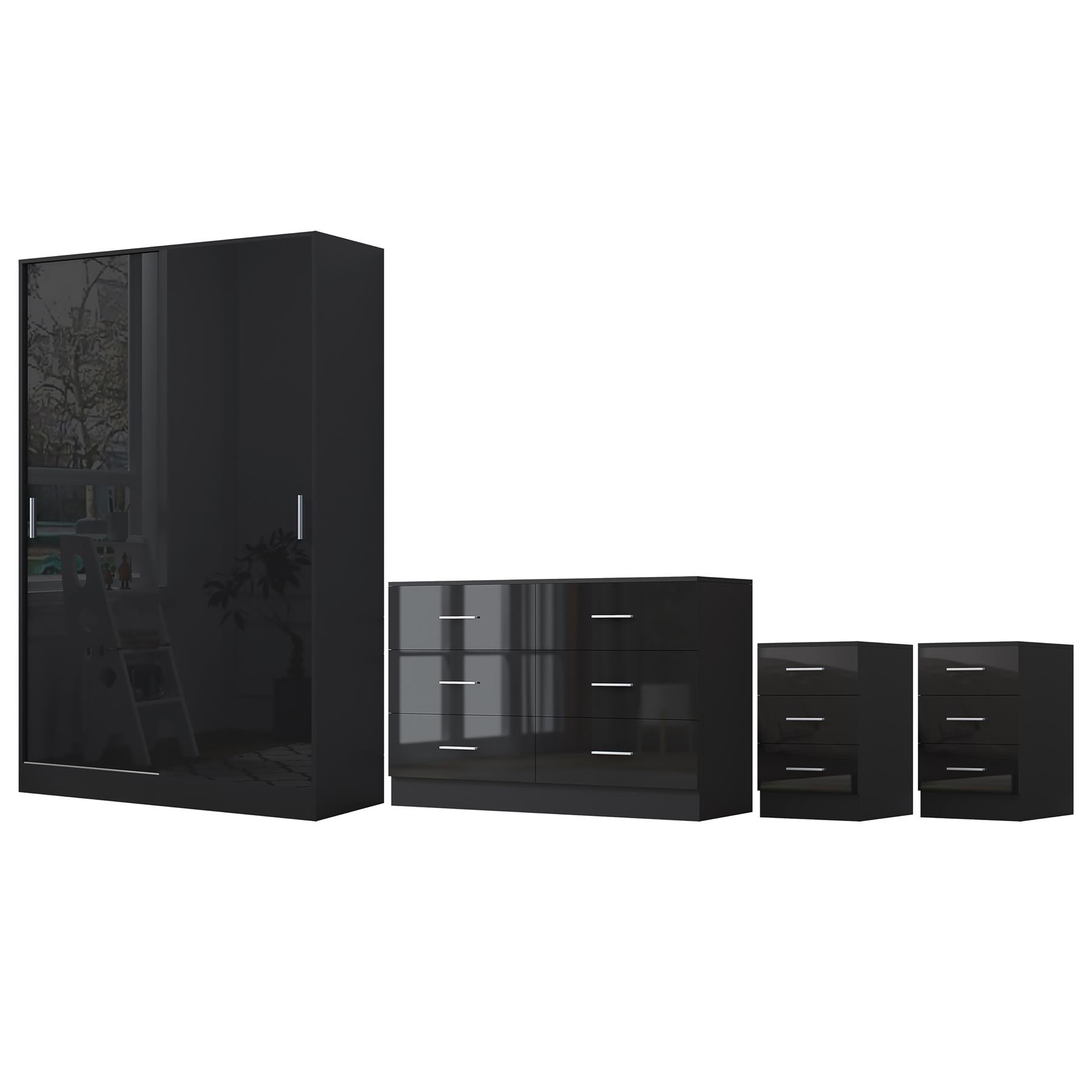 Reflect 2 Door Sliding Wardrobe, 6 Drawer Wide Chest, 2x3 Drawer Bedsides - Black Gloss & Black Oak - Modern Bedroom Furniture Set