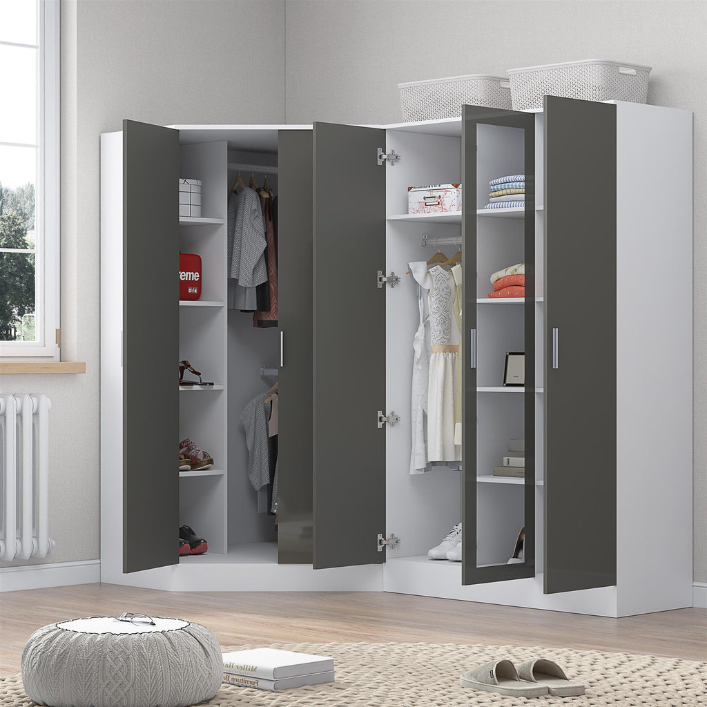 REFLECT Gloss 5 Door Wardrobe Bundle - 2 Door Corner + 3 Door Mirror Bedroom Set