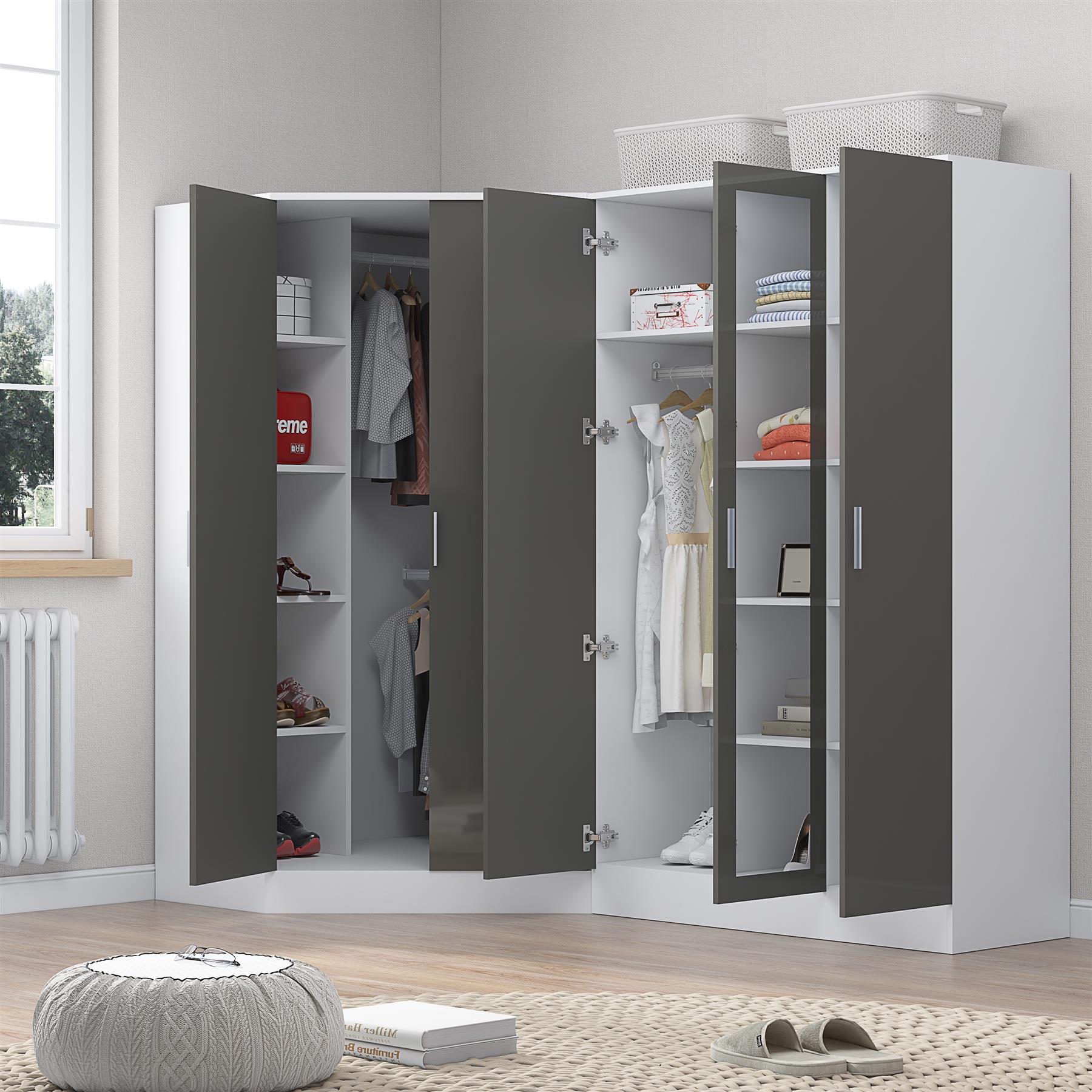 REFLECT Gloss 5 Door Wardrobe Bundle - 2 Door Corner + 3 Door Mirror Bedroom Set