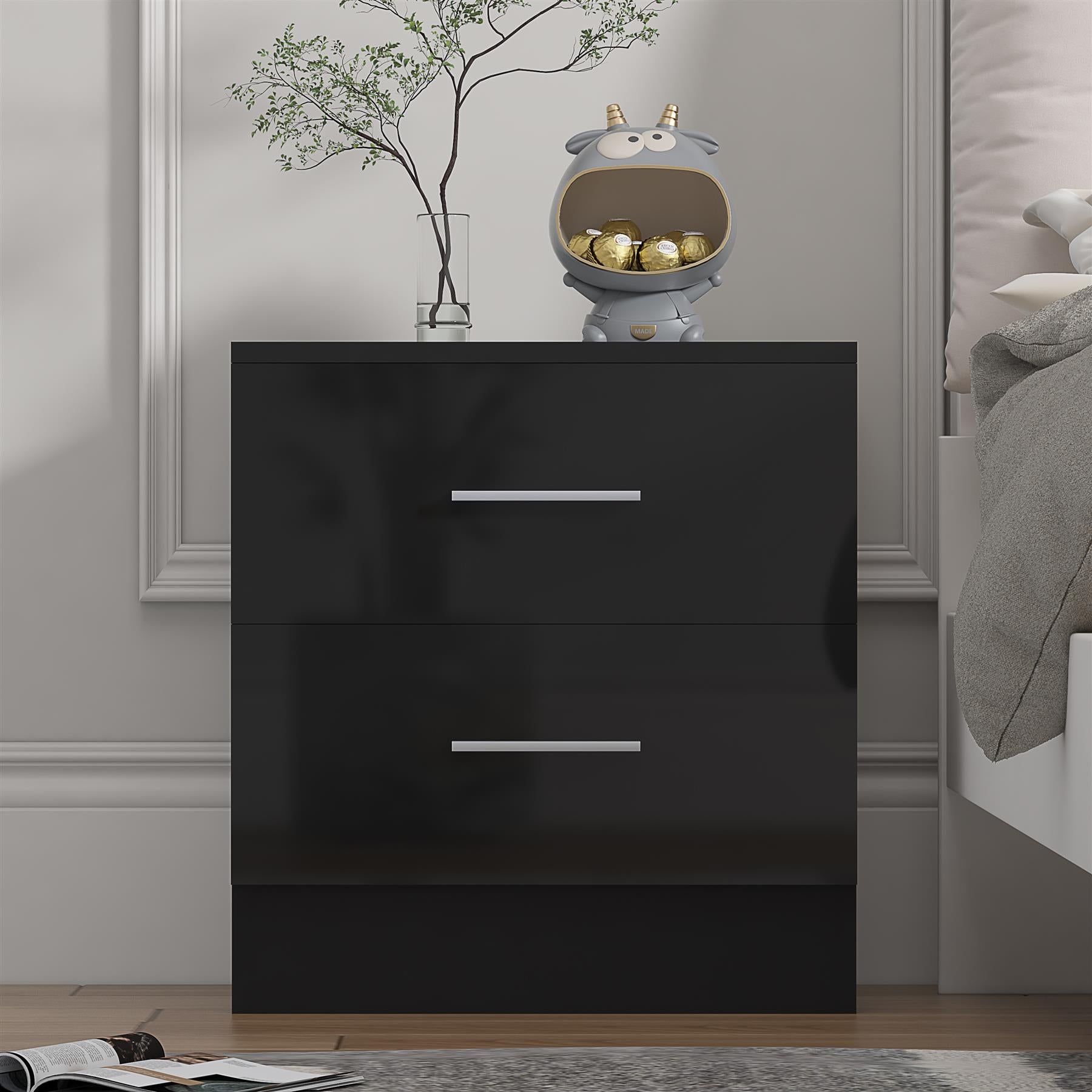 Reflect 2 Drawer Bedside - Black Gloss & Black Oak - Modern Nightstand for Bedroom Storage - H: 48.5cm x W: 45cm x D: 39.5cm