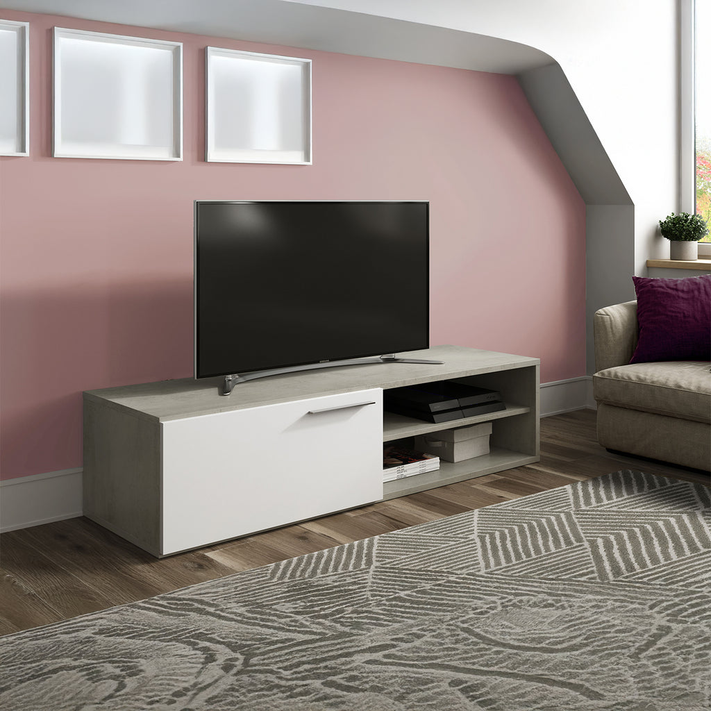 KIKUA Grey & White Modern TV Unit with 2 Doors and Open Storage- Media Stand for Living Room.