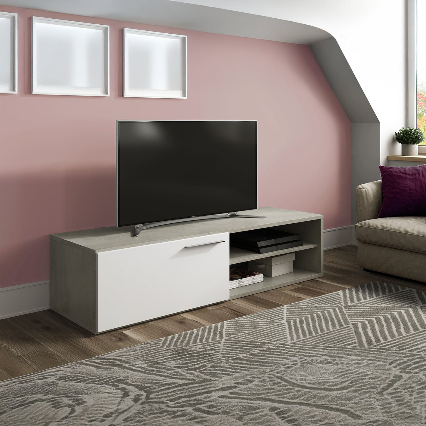 KIKUA Grey & White Modern TV Unit with 2 Doors and Open Storage- Media Stand for Living Room.