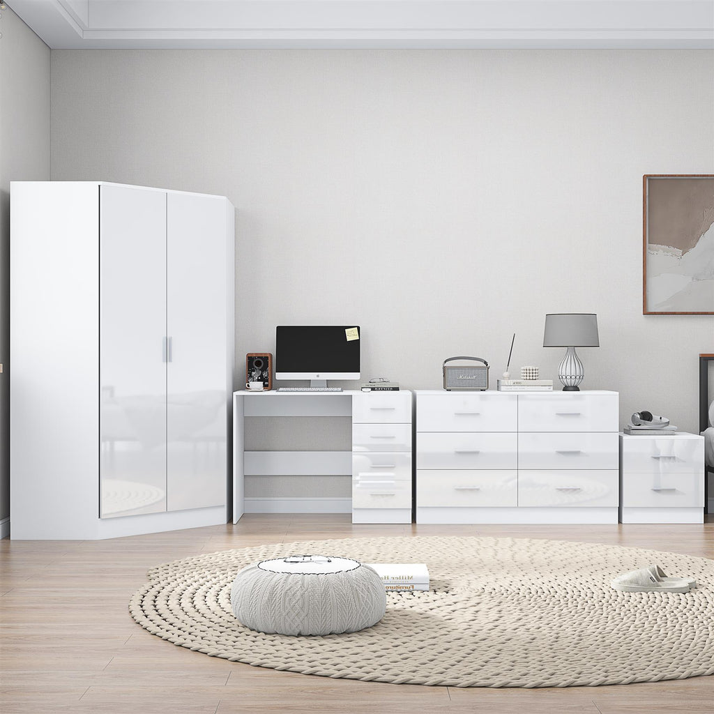 REFLECT - 2 Door CORNER + 6 Drawer Chest + 2 Drawer Bedside + 4 Drawer Desk - Gloss White / Matt White