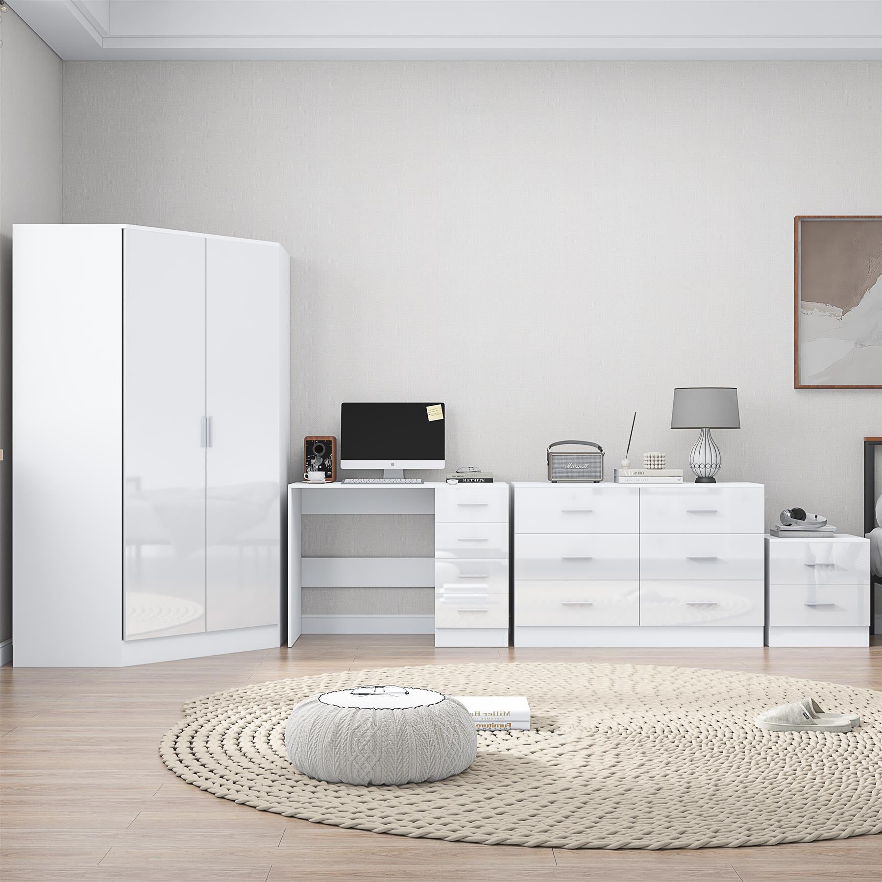 REFLECT - 2 Door CORNER + 6 Drawer Chest + 2 Drawer Bedside + 4 Drawer Desk - Gloss White / Matt White