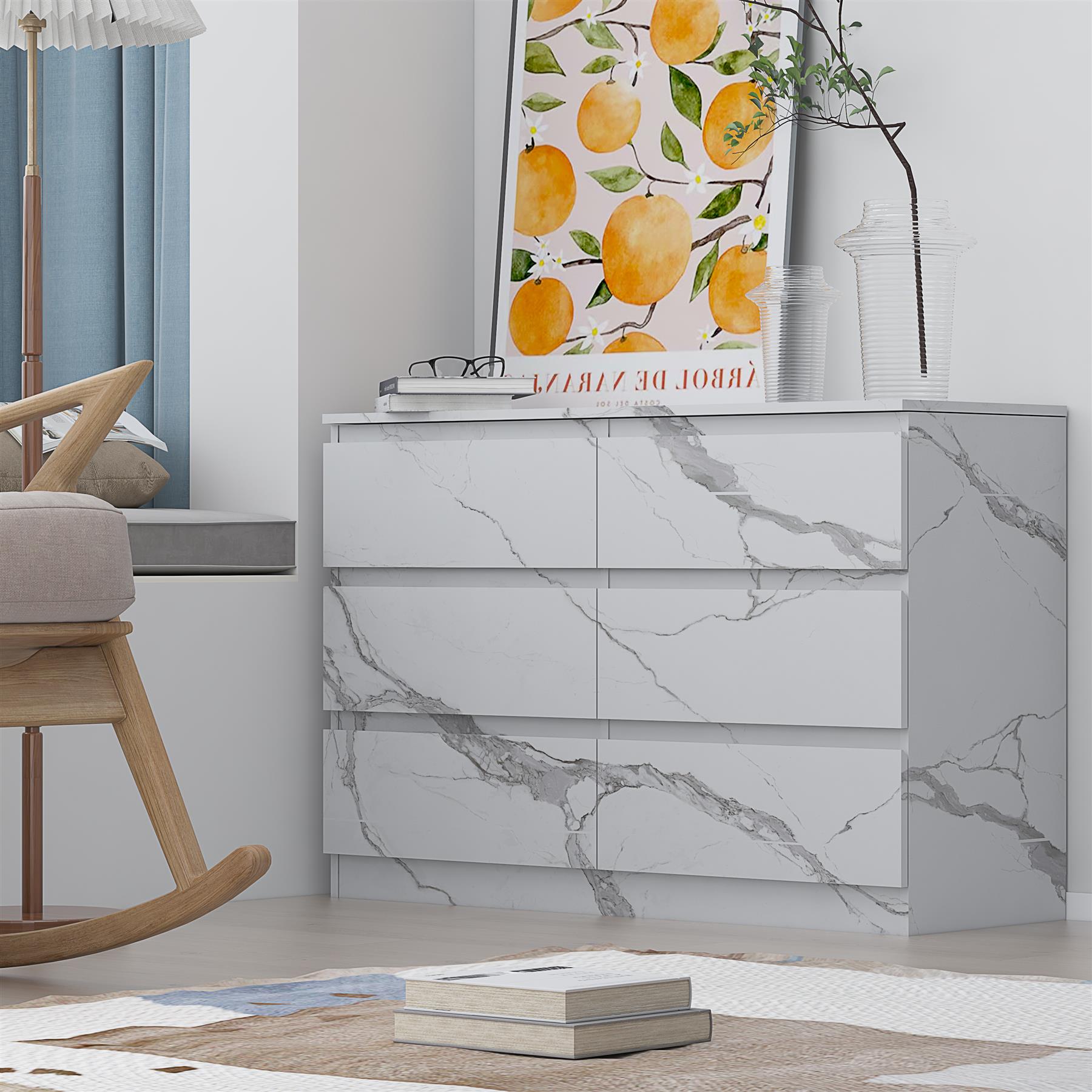 ZITA Bedroom Furniture Range Wardrobe Chest Bedside in White Marble Effect