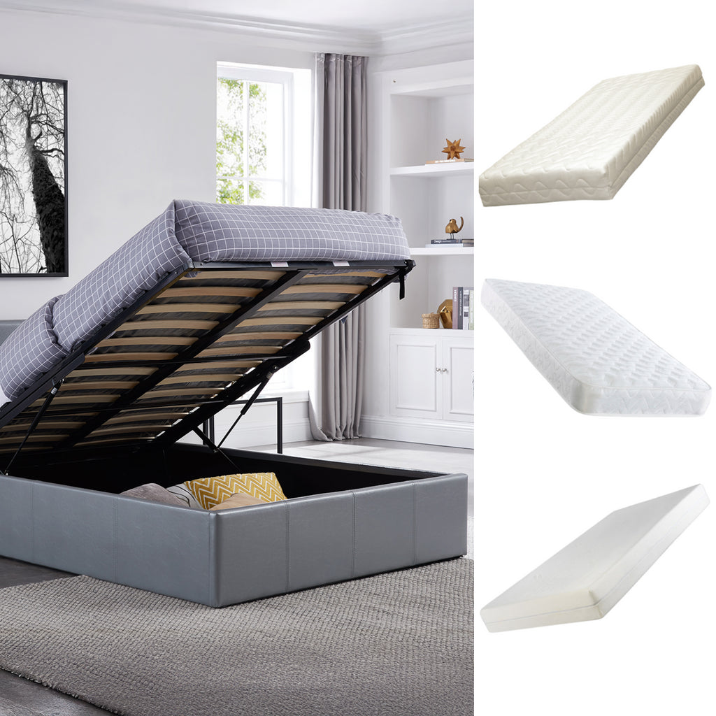 LUNA Faux Leather Ottoman Storage Bedframe in Grey 4 Size + Mattress Options
