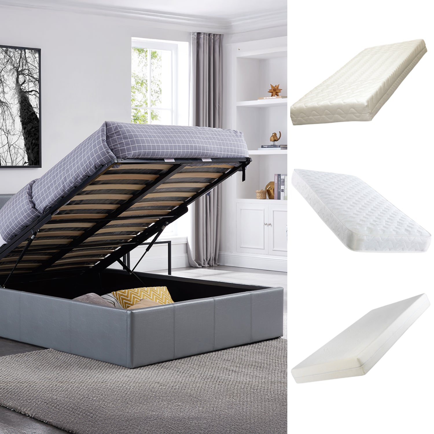 LUNA Faux Leather Ottoman Storage Bedframe in Grey 4 Size + Mattress Options