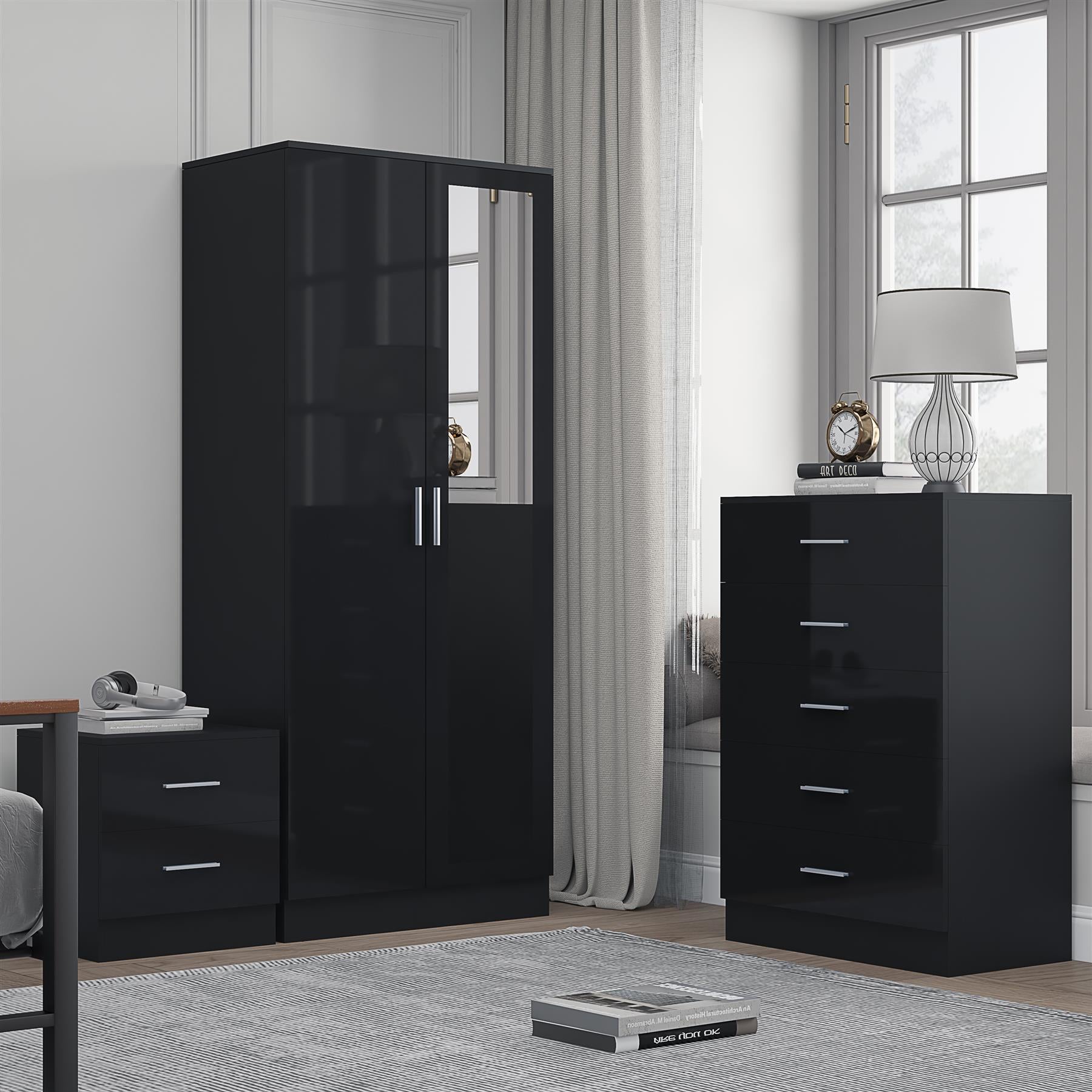 Reflect 2 Door Mirror Wardrobe, 5 Drawer Chest, 2 Drawer Bedside - Black Gloss & Black Oak - Modern Bedroom Furniture Set