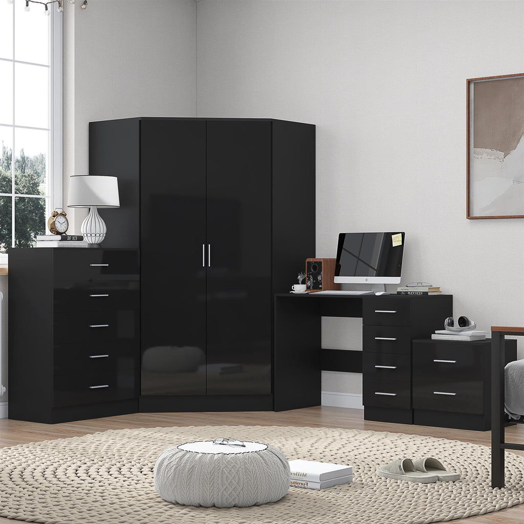 REFLECT Gloss 4pc Set - 2 Door Corner Wardrobe + 5 Draw Chest + Bedside + Desk