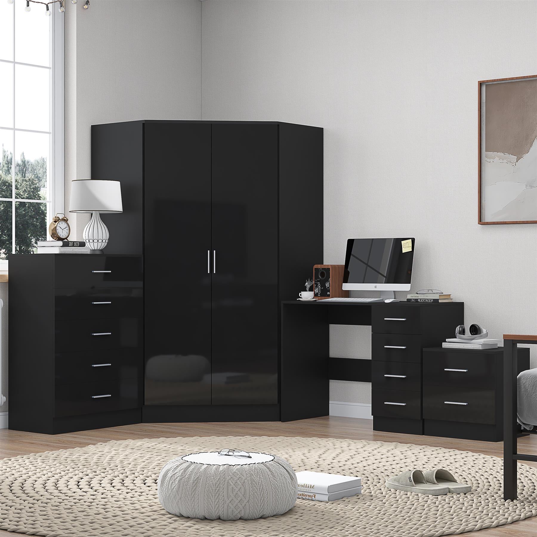 REFLECT Gloss 4pc Set - 2 Door Corner Wardrobe + 5 Draw Chest + Bedside + Desk