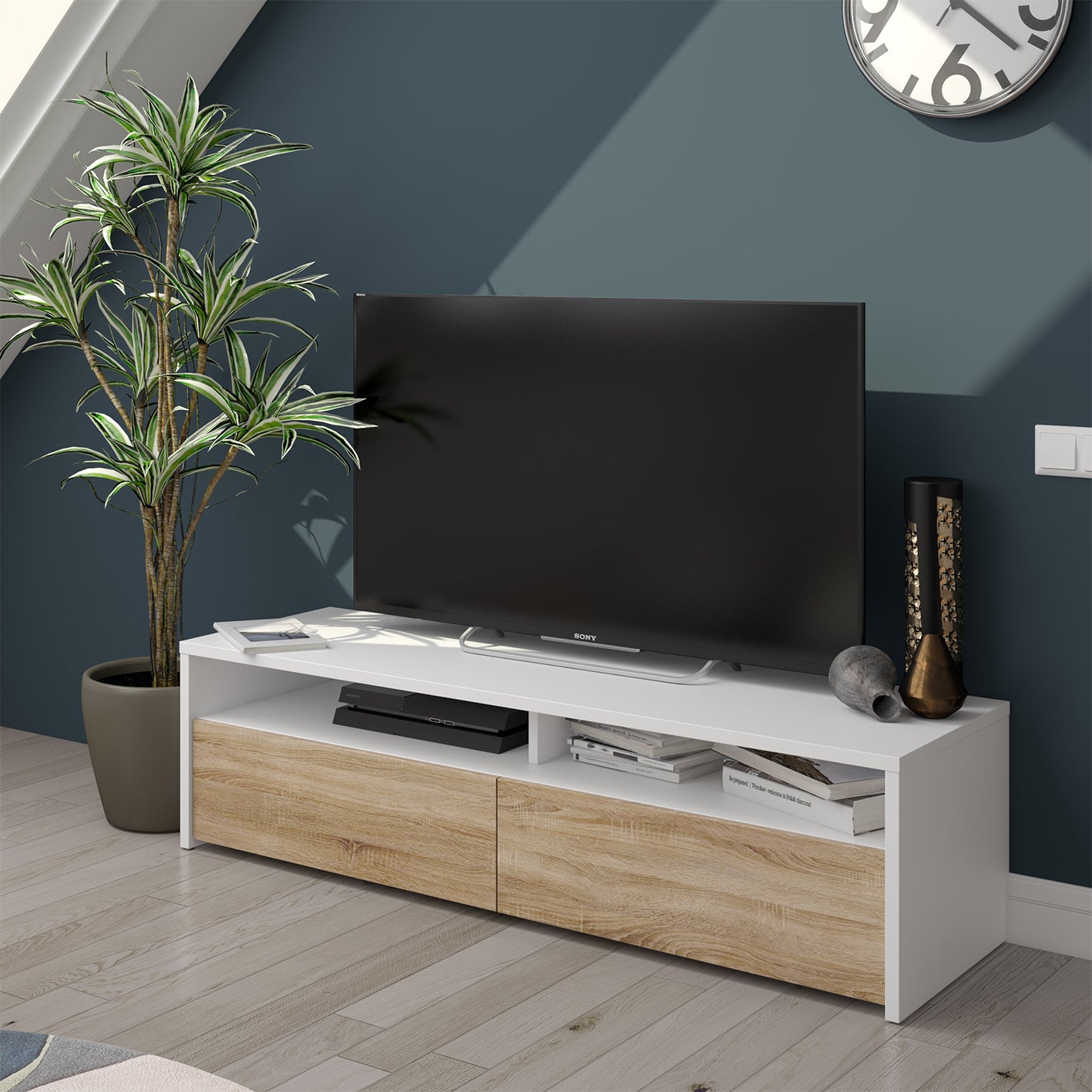 KIOTO 2 Door TV Unit in Oak & Satin White- Modern Media Cabinet with Storage.
