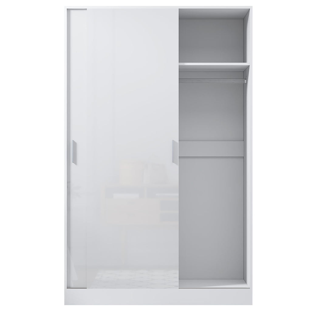 Reflect 2 Door Sliding Wardrobe - White Gloss & Matt White - Hanging Rails & Shelves - H:180cm x W:120cm x D: 58cm - Modern Design