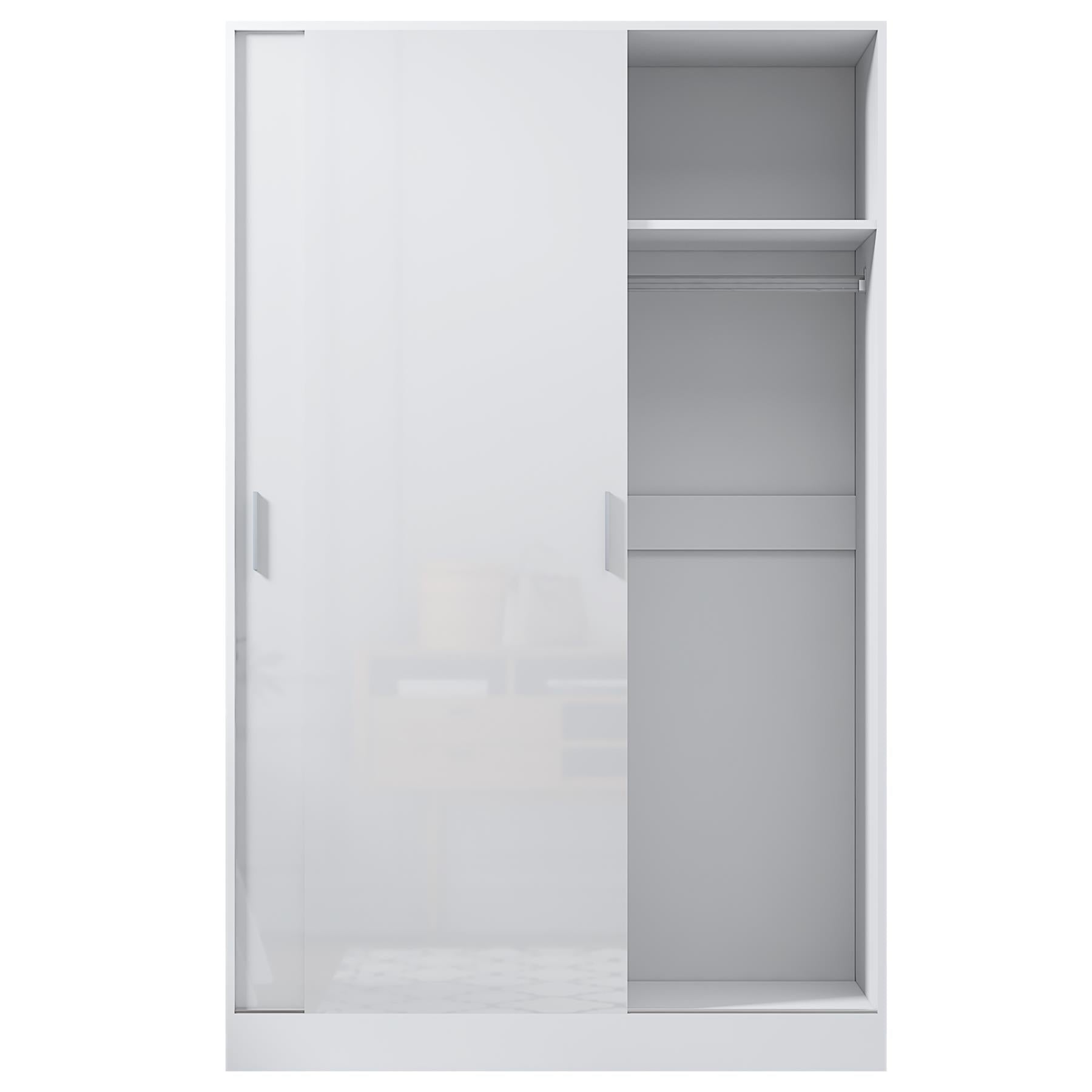 Reflect 2 Door Sliding Wardrobe - White Gloss & Matt White - Hanging Rails & Shelves - H:180cm x W:120cm x D: 58cm - Modern Design