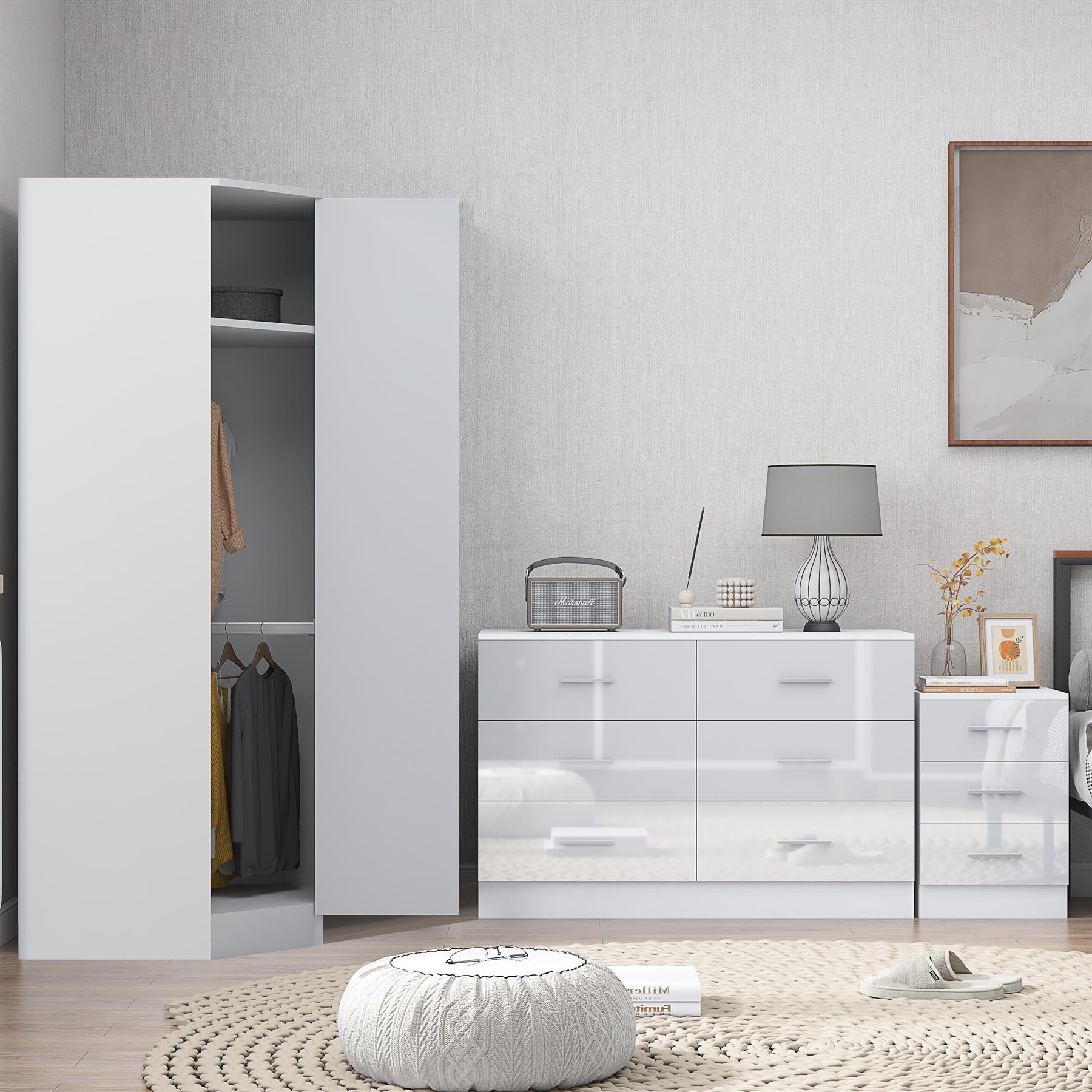 REFLECT - 1 Door Corner + 6 Drawer Chest + 3 Drawer Bedside in Gloss White / Matt White