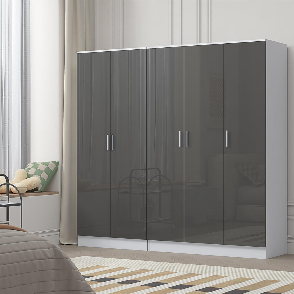 REFLECT - 3 Door PLAIN + 2 Door PLAIN Wardrobe - Gloss Grey / Matt White
