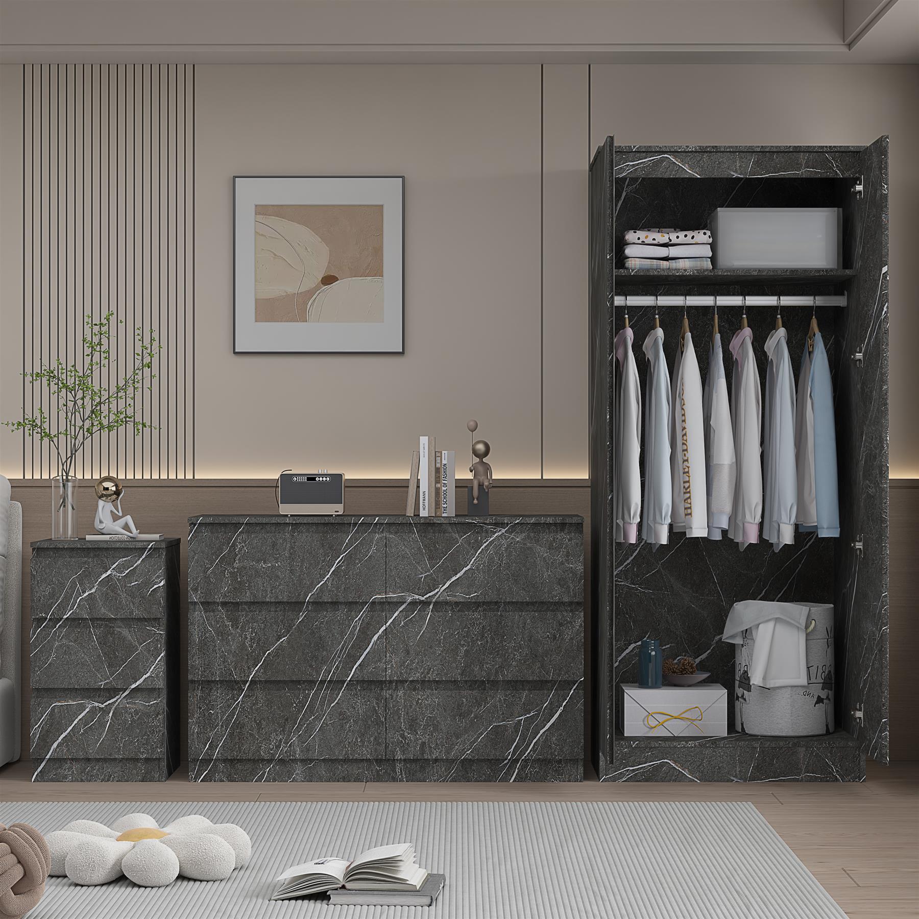 ZITA 3pc Set - 2 Door Wardrobe + Wide Chest + Bedside in White OR Grey Marble