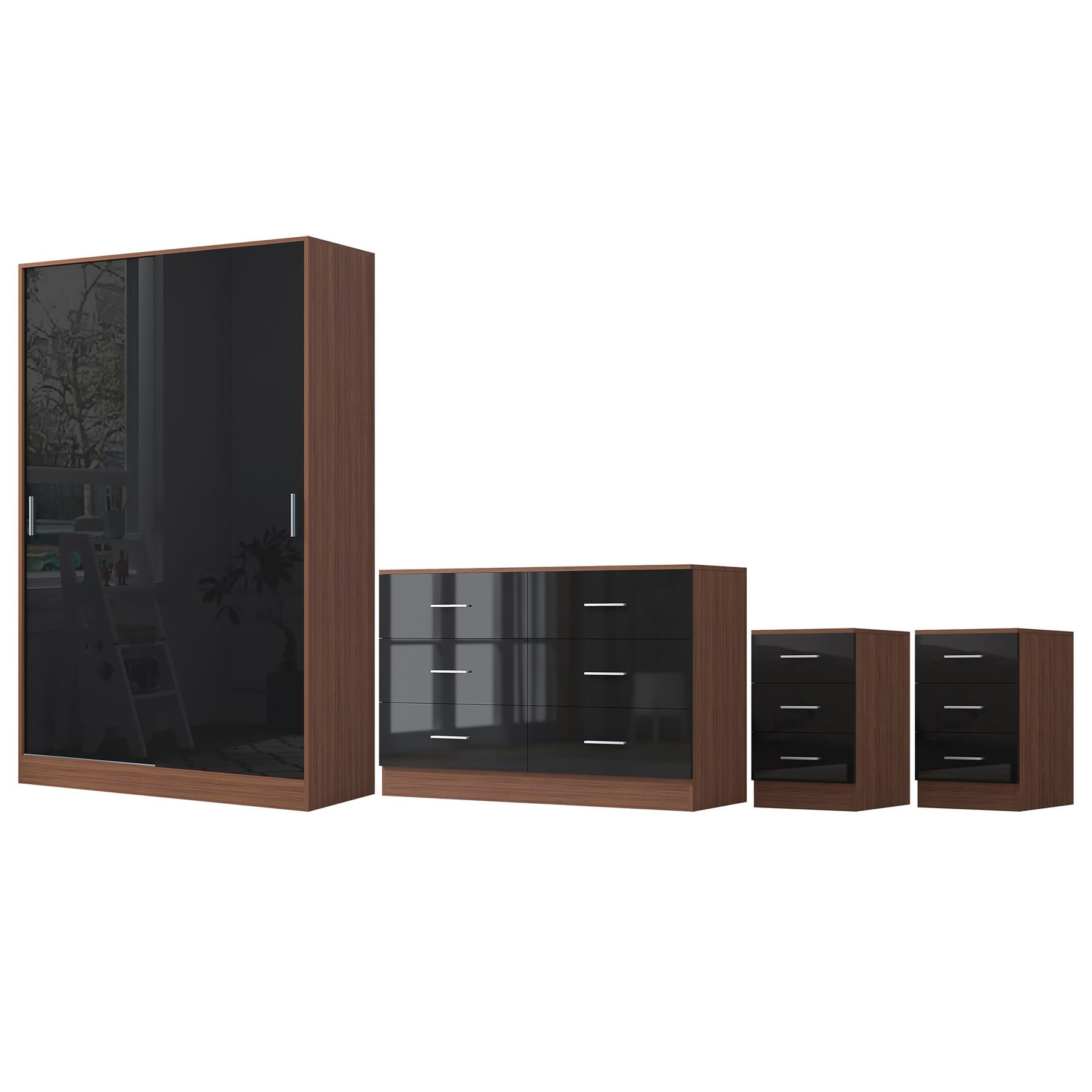 Reflect 2 Door Sliding Wardrobe, 6 Drawer Wide Chest, 2x 3 Drawer Bedsides - Black Gloss & Walnut - Modern Bedroom Furniture Set