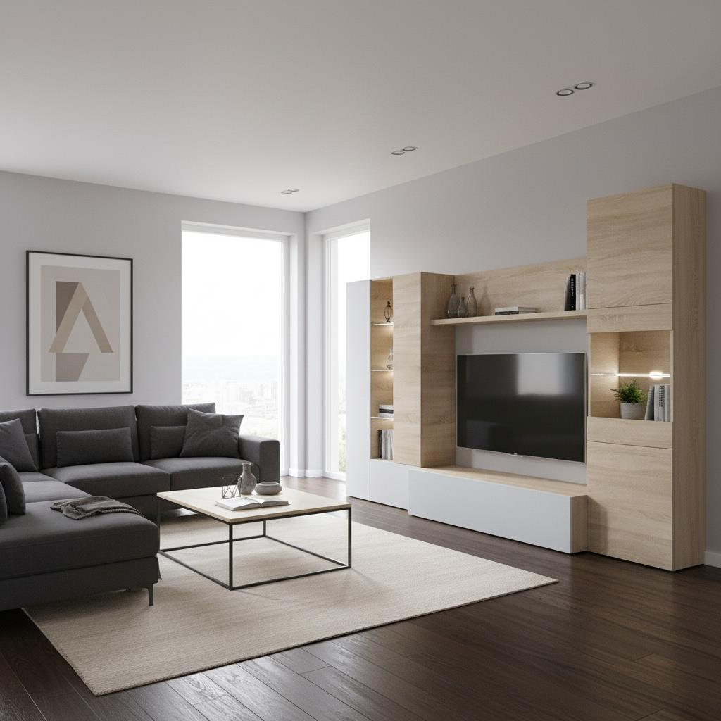 Modern Oak & White TV Unit with Glass Details and LED Lights- Media Storage for Living Rooms