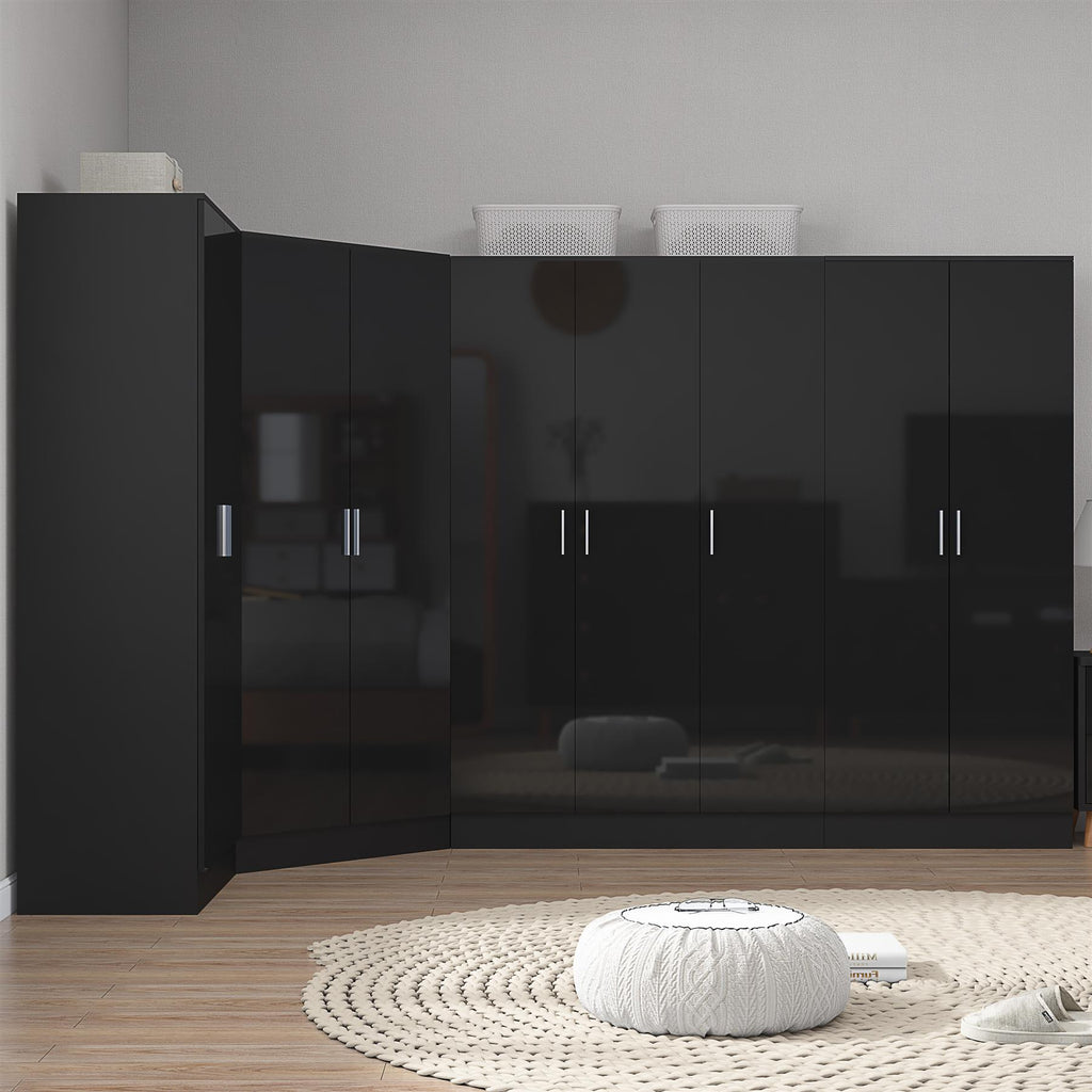 Reflect 4pc Wardrobe Bundle - 2 Door Corner + 3 Door Plain + 2x 2 Door Plain - Black Gloss & Black Oak