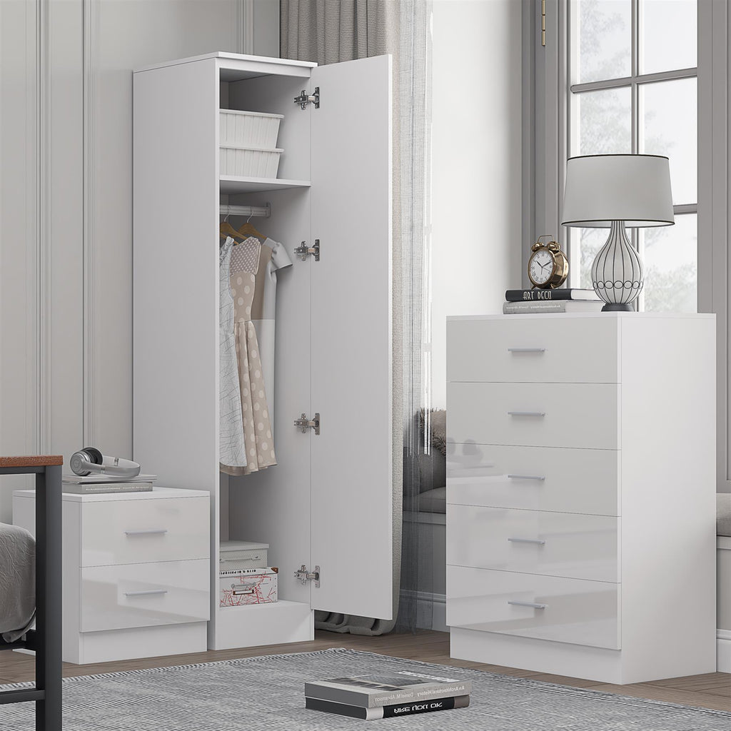 Reflect 1 Door Plain Wardrobe, 5 Drawer Chest, 2 Drawer Bedside - White Gloss & Matt White - Bedroom Furniture Set