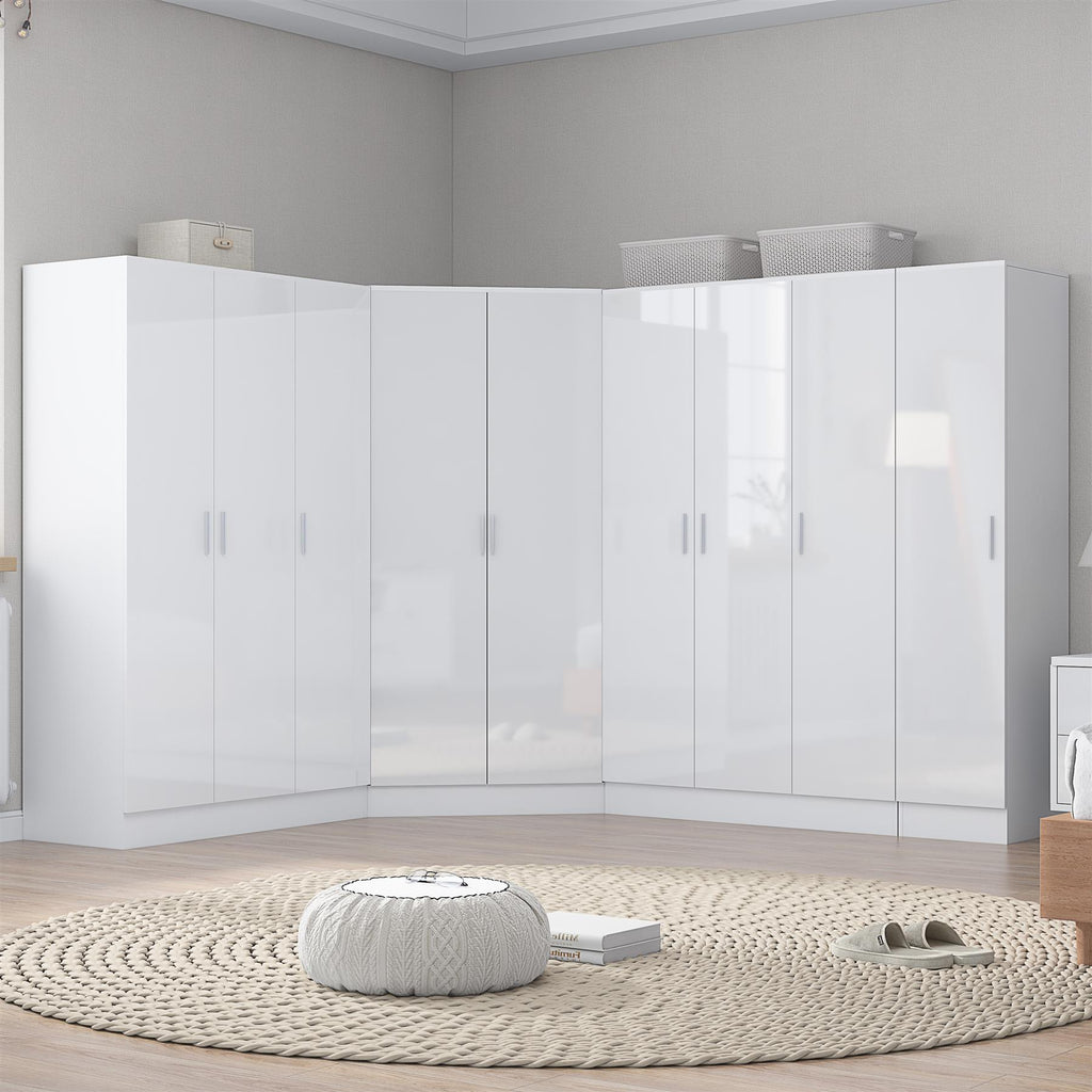 Reflect 4pc Wardrobe Bundle - 2 Door Corner + 2x 3 Door Plain + 1 Door Plain - White Gloss & Matt White