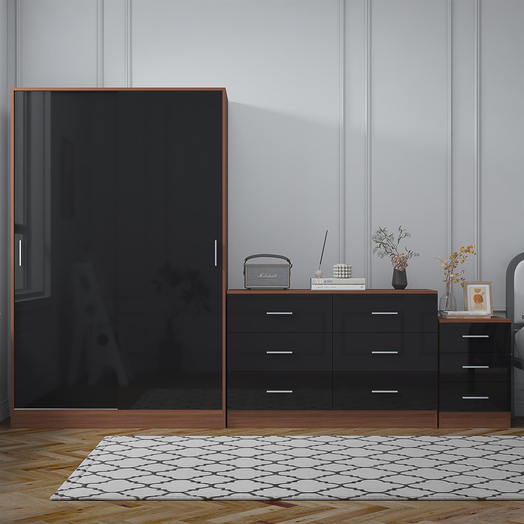 Reflect 2 Door Sliding Wardrobe, 6 Drawer Wide Chest, 3 Drawer Bedside - Black Gloss & Walnut - Modern Bedroom Furniture Set