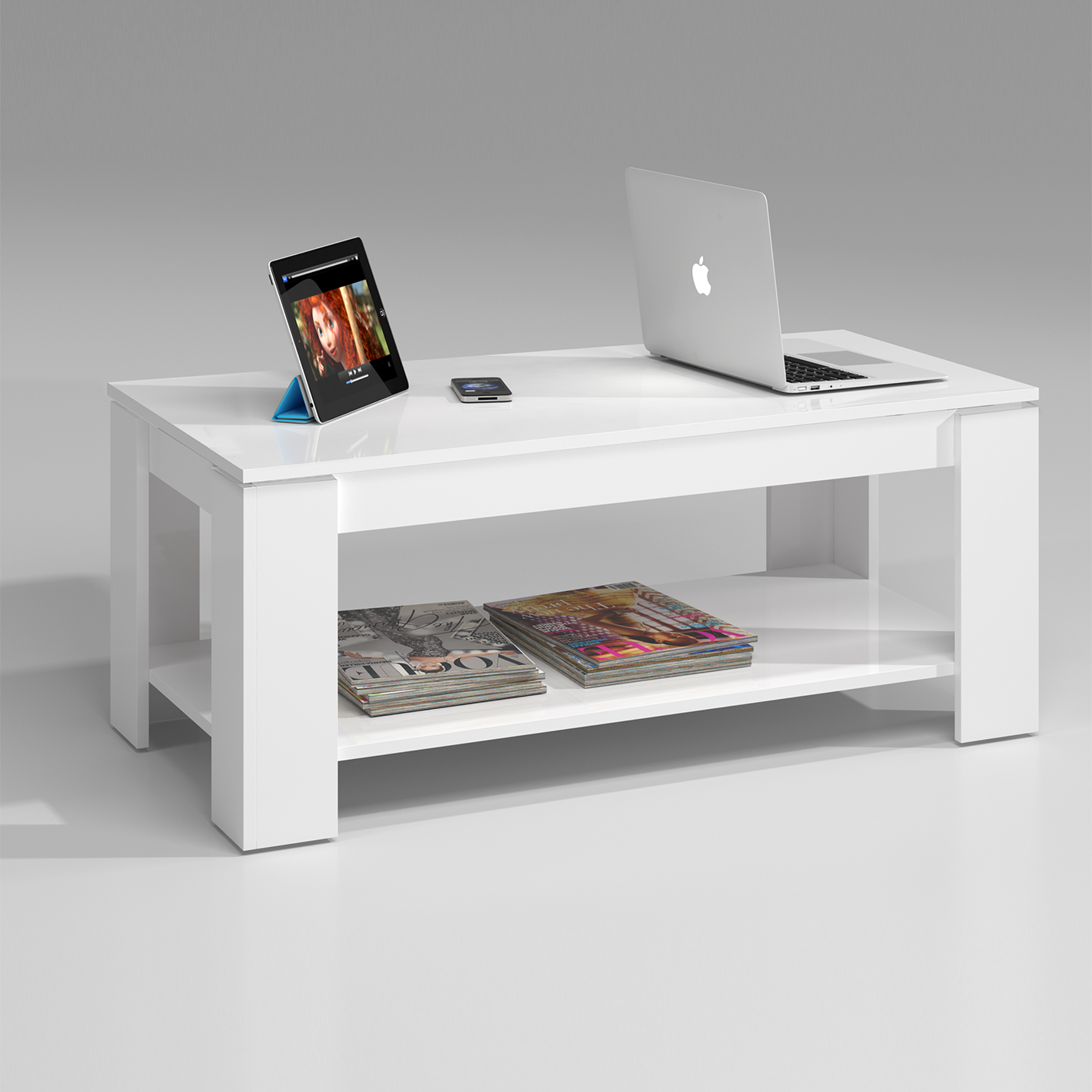 AMBIT Lift-Up Storage Coffee Table with Shelf - White