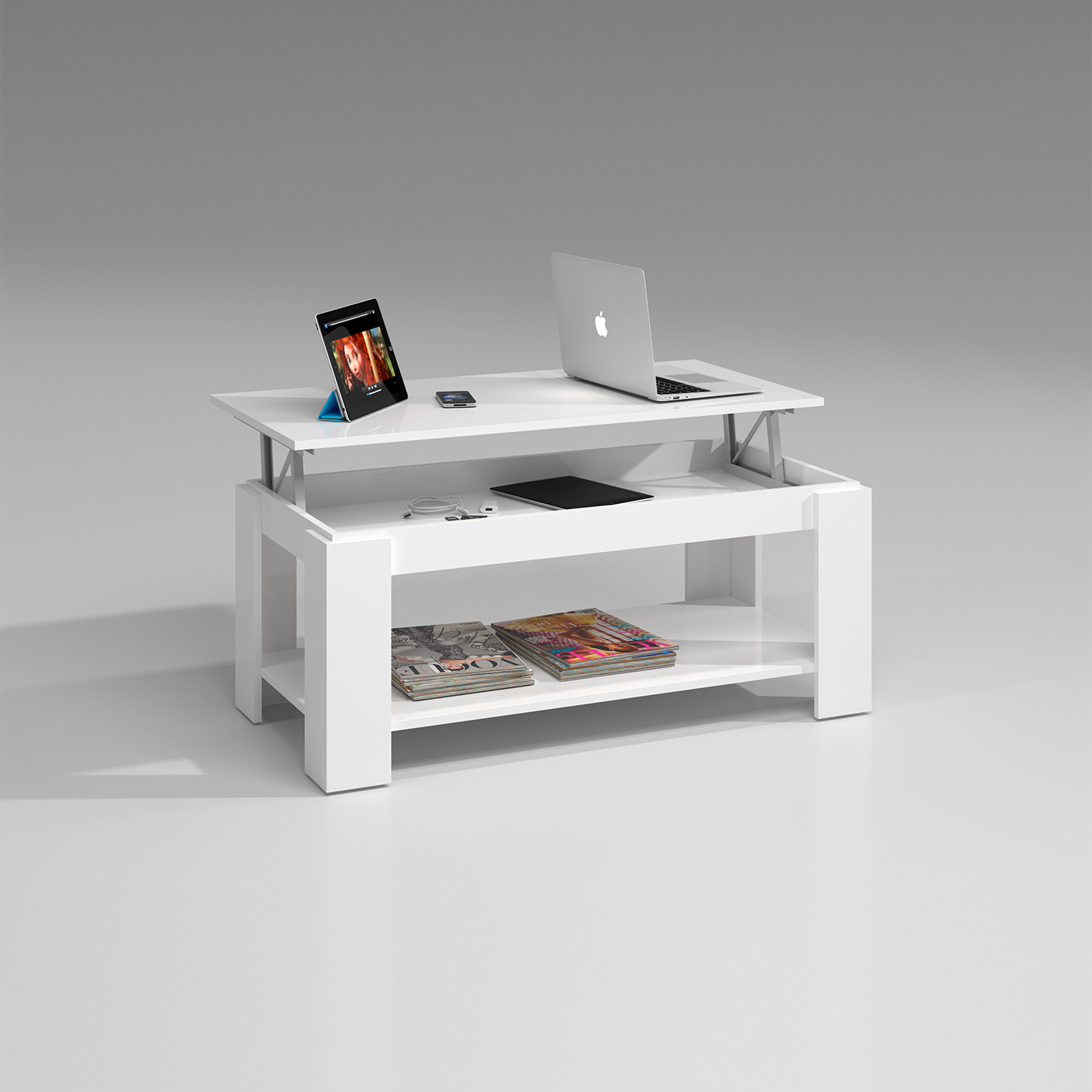 AMBIT Lift-Up Storage Coffee Table with Shelf - White