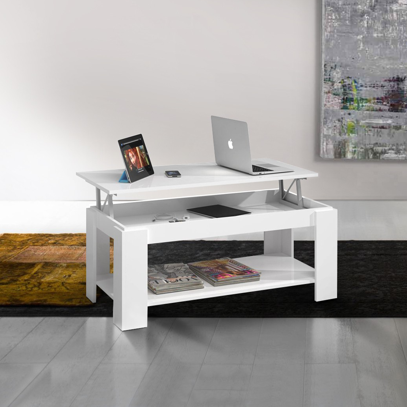 AMBIT Lift-Up Storage Coffee Table with Shelf - White