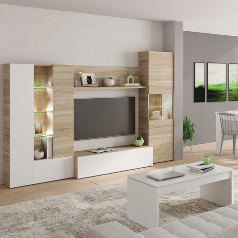 Contemporary Entertainment Media TV Storage Unit - Oak & White with Glass & LED Lighting