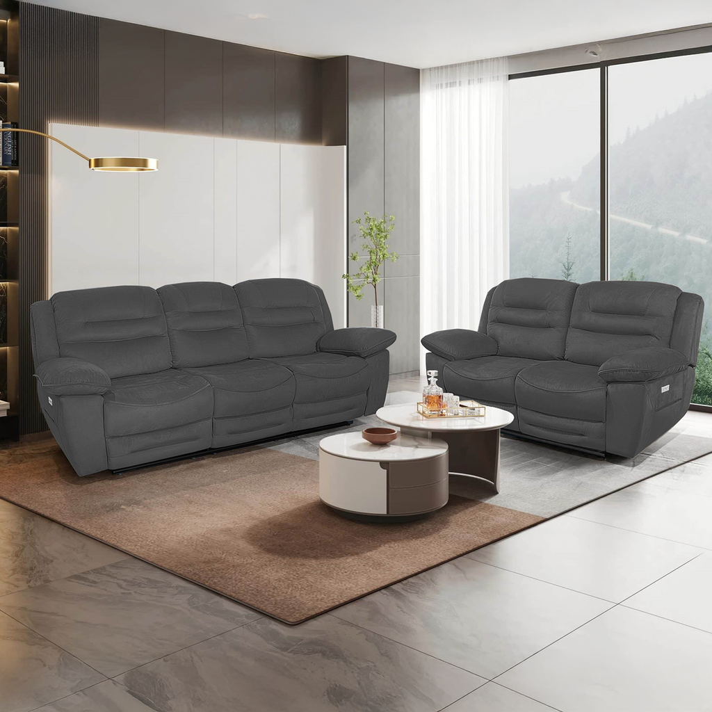 NAPOLI 3 + 2 Seater Electric Recliner Sofa Set - Grey Faux Suede