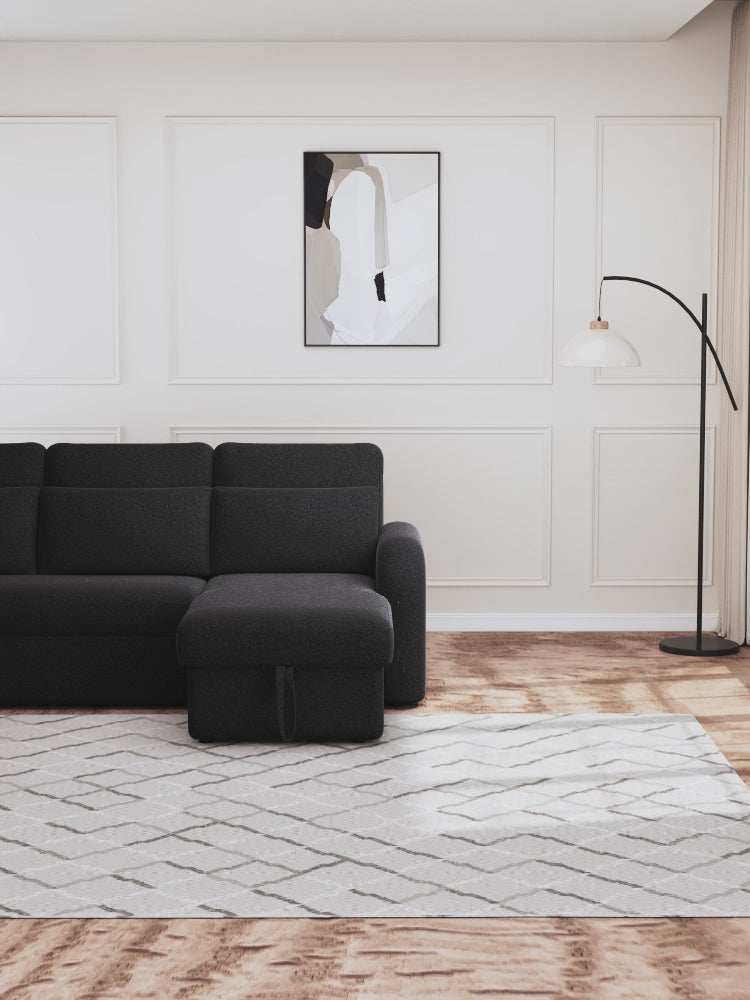 FLYN - 3 Seater L Shape Corner Sofabed in Teddy Boucle BLACK