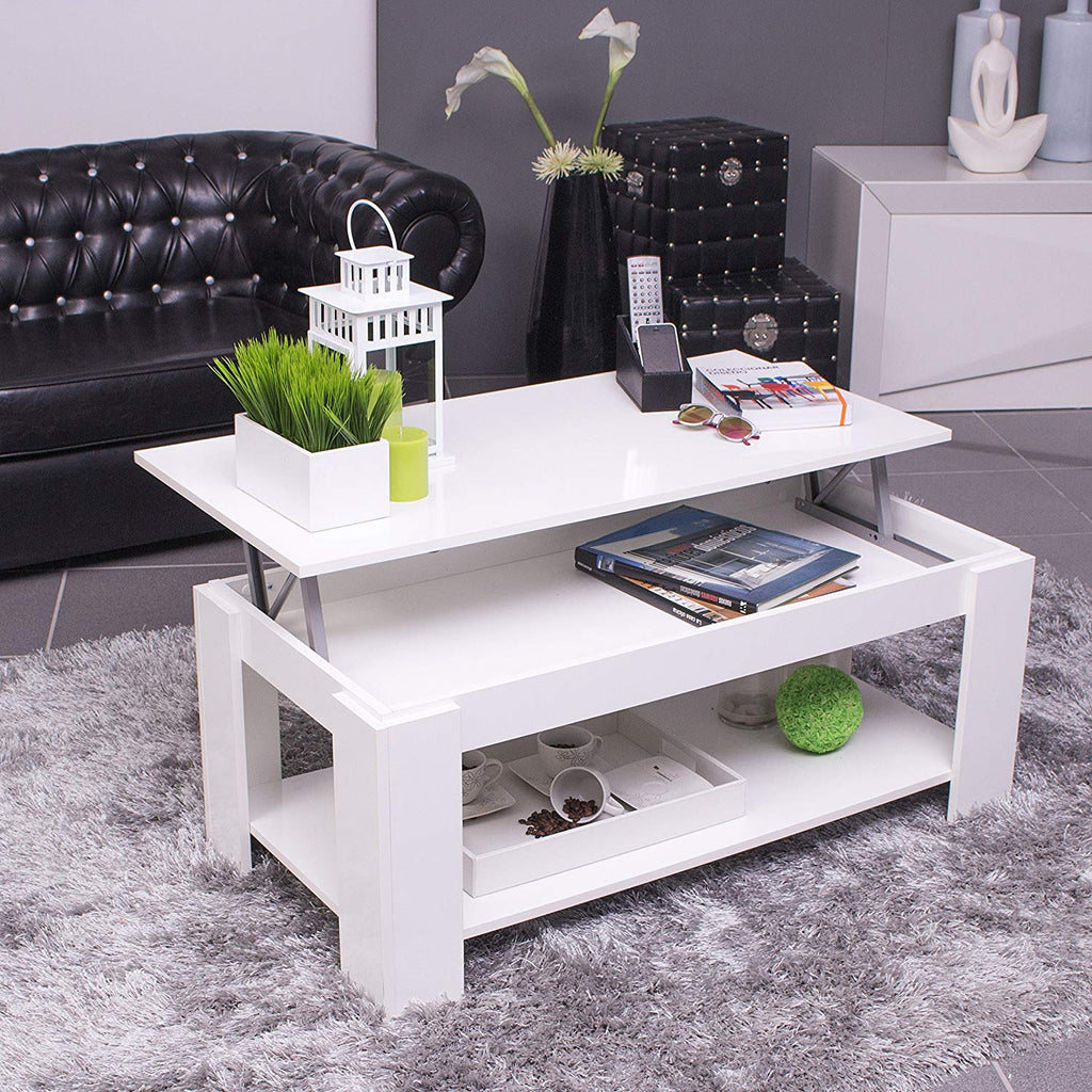 AMBIT Lift-Up Storage Coffee Table with Shelf in White - Online4furniture