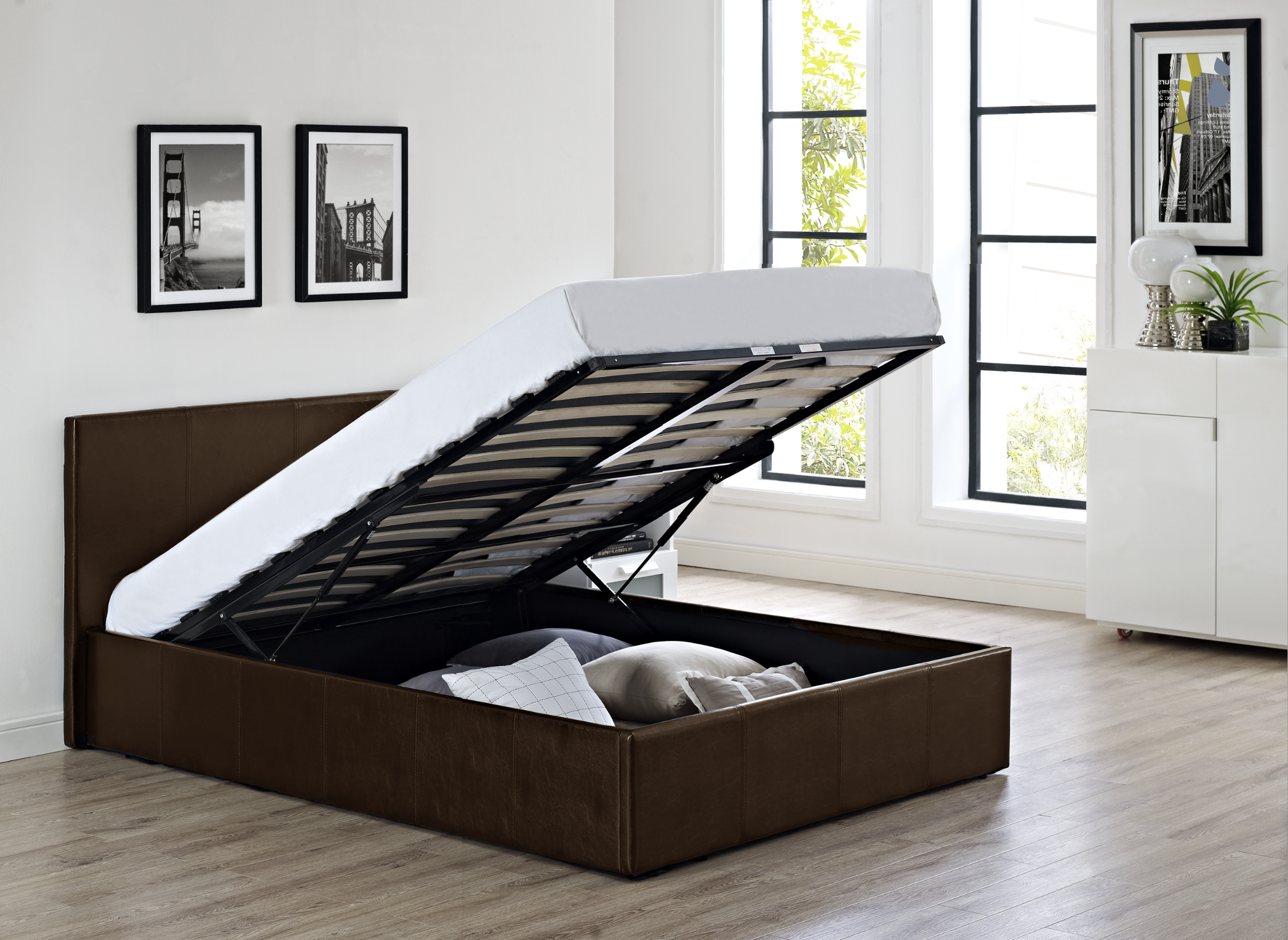 LUNA 4FT Small Double Faux Leather Ottoman Storage Bed in Brown