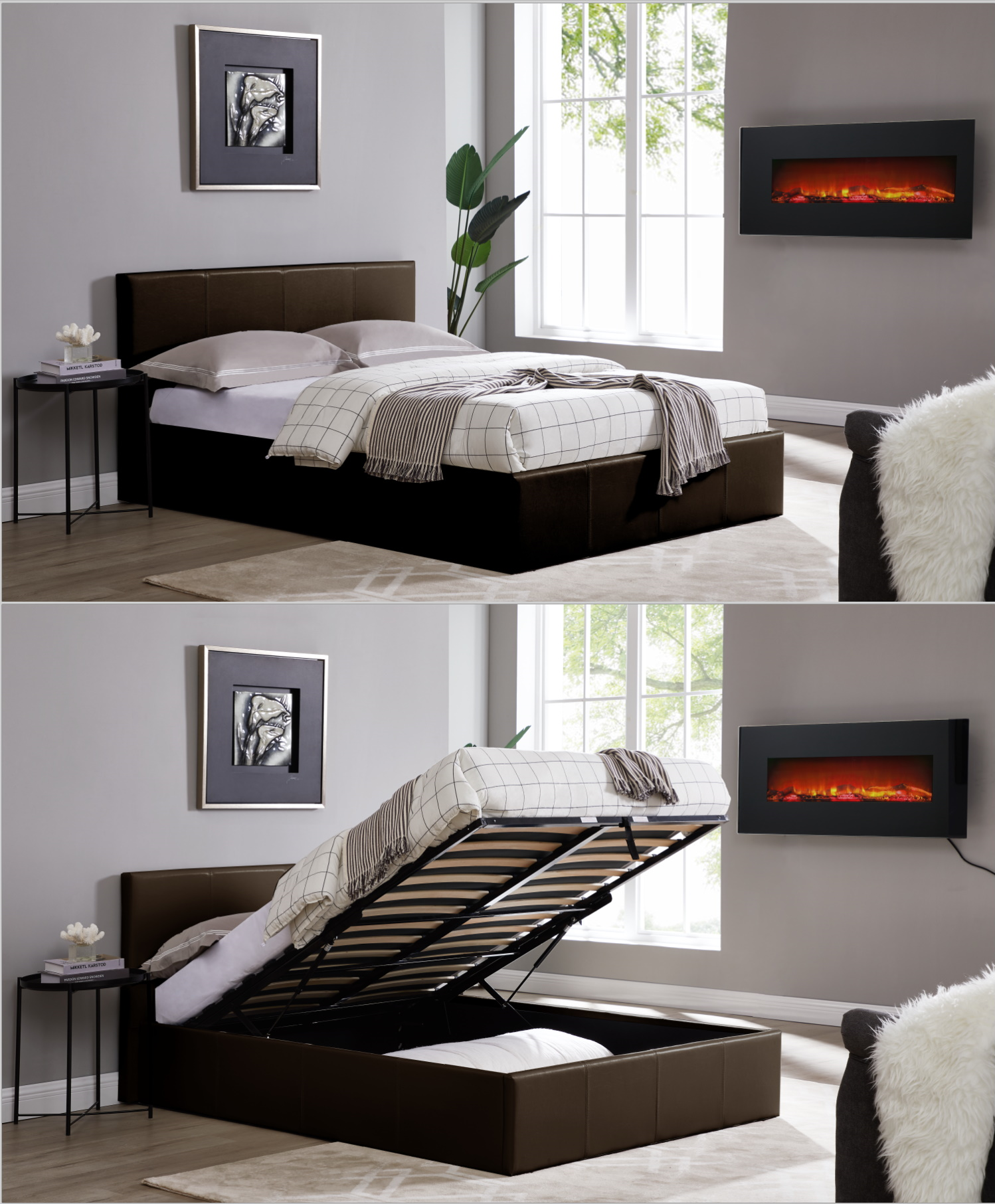 LUNA 4FT Small Double Faux Leather Ottoman Storage Bed in Brown