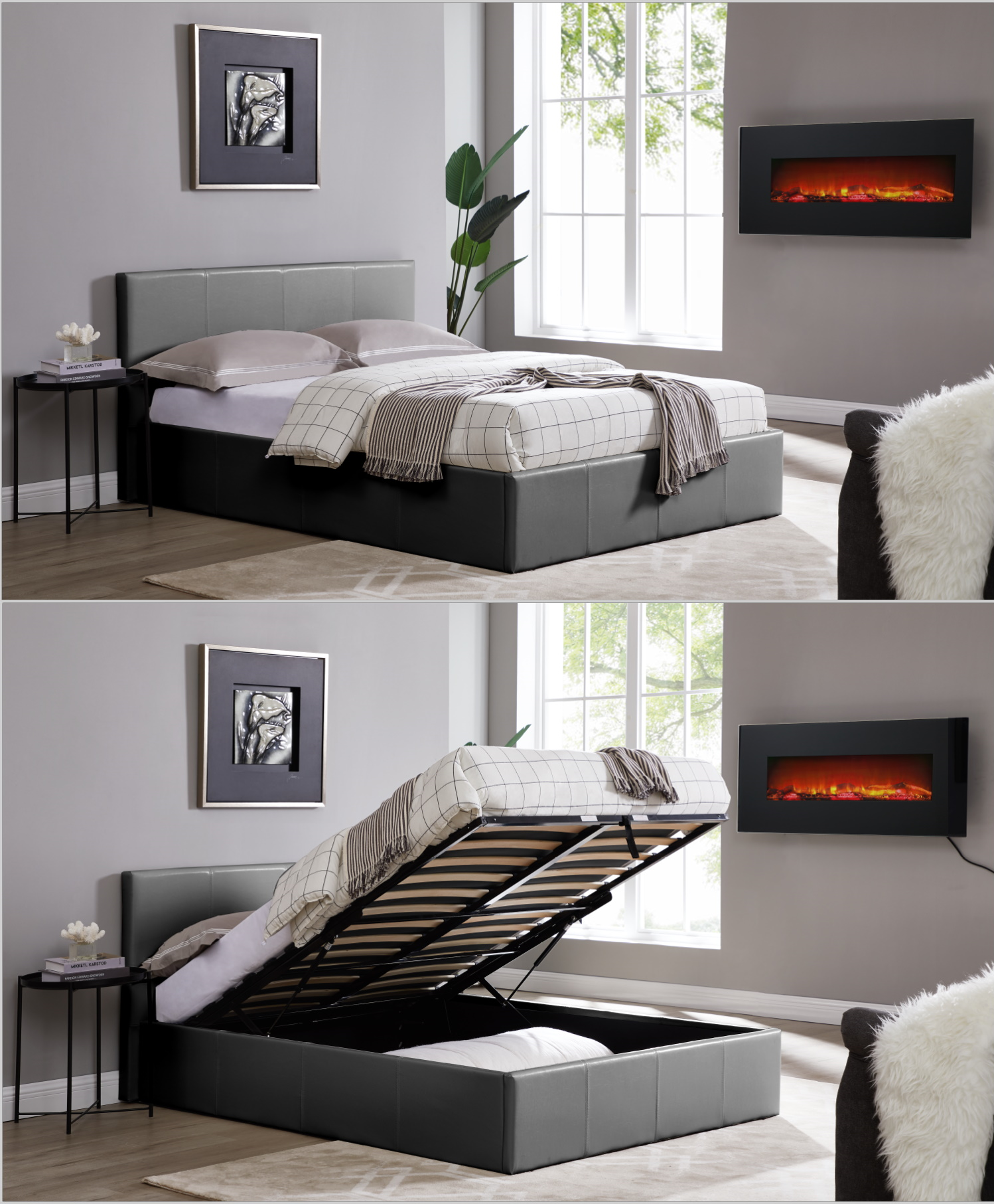 LUNA 5FT Kingsize Faux Leather Ottoman Storage Bed in Grey