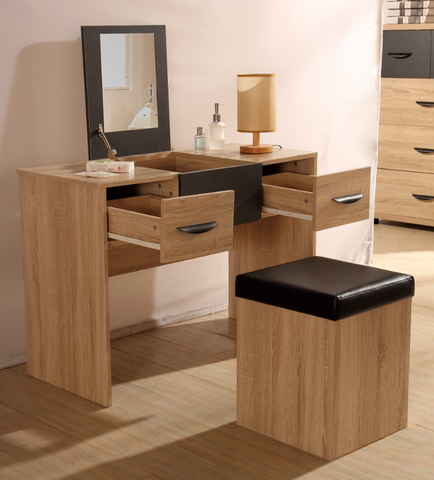 PACIFIC 2 Drawer Dressing Table Desk with Mirrored Lid + Stool in Somona Oak & Grey Ash