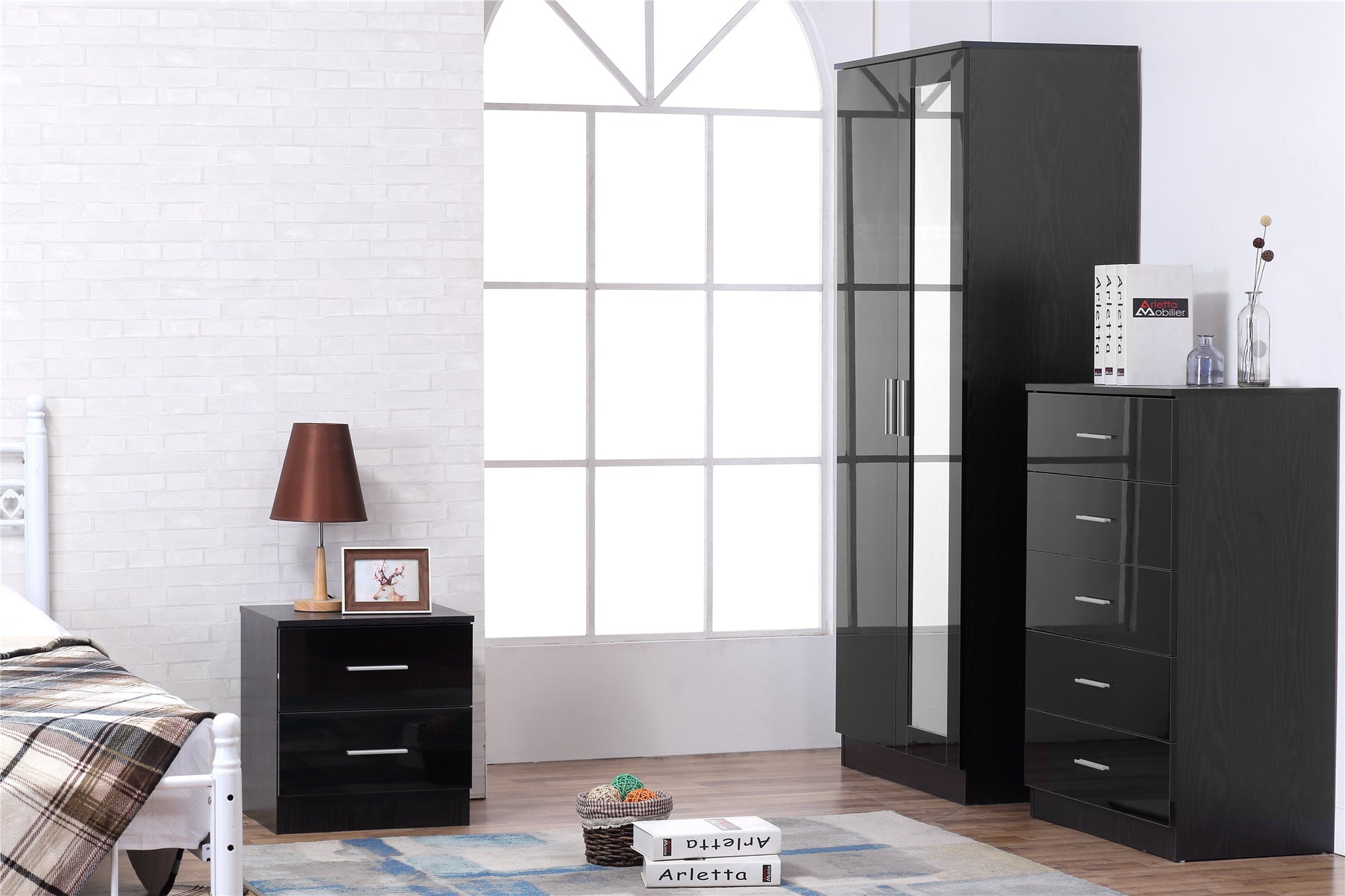 REFLECT SET High Gloss 2 Door Mirrored + Chest + Bedside (3 Piece Set) - 4 Colours