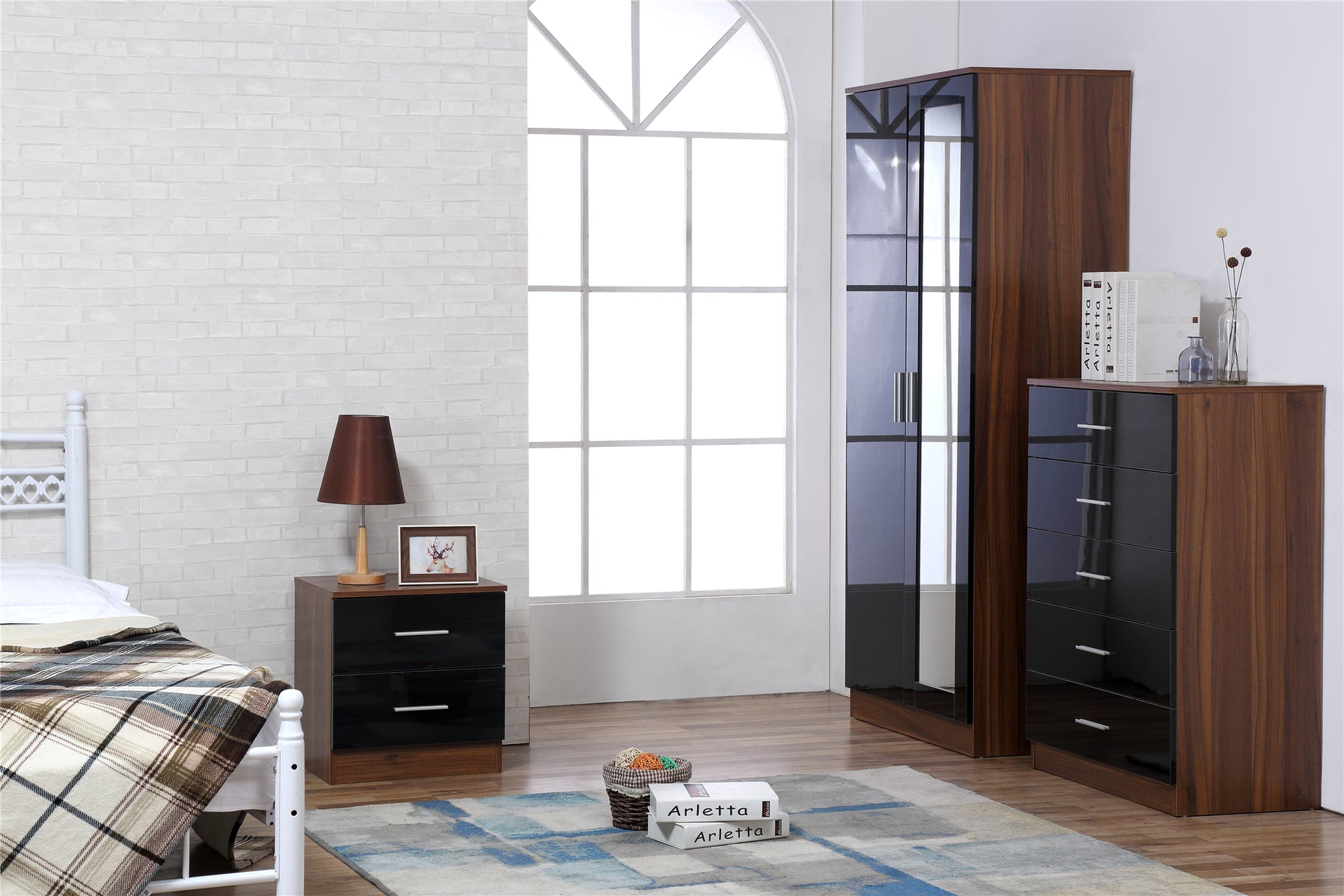 REFLECT SET High Gloss 2 Door Mirrored + Chest + Bedside (3 Piece Set) - 4 Colours