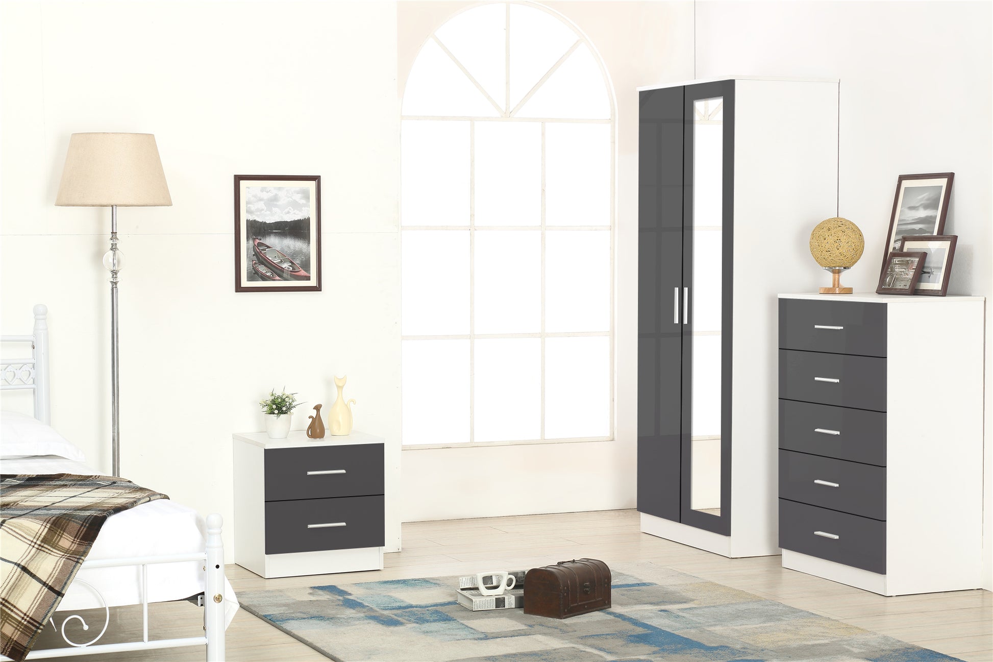 REFLECT SET High Gloss 2 Door Mirrored + Chest + Bedside (3 Piece Set) - 4 Colours